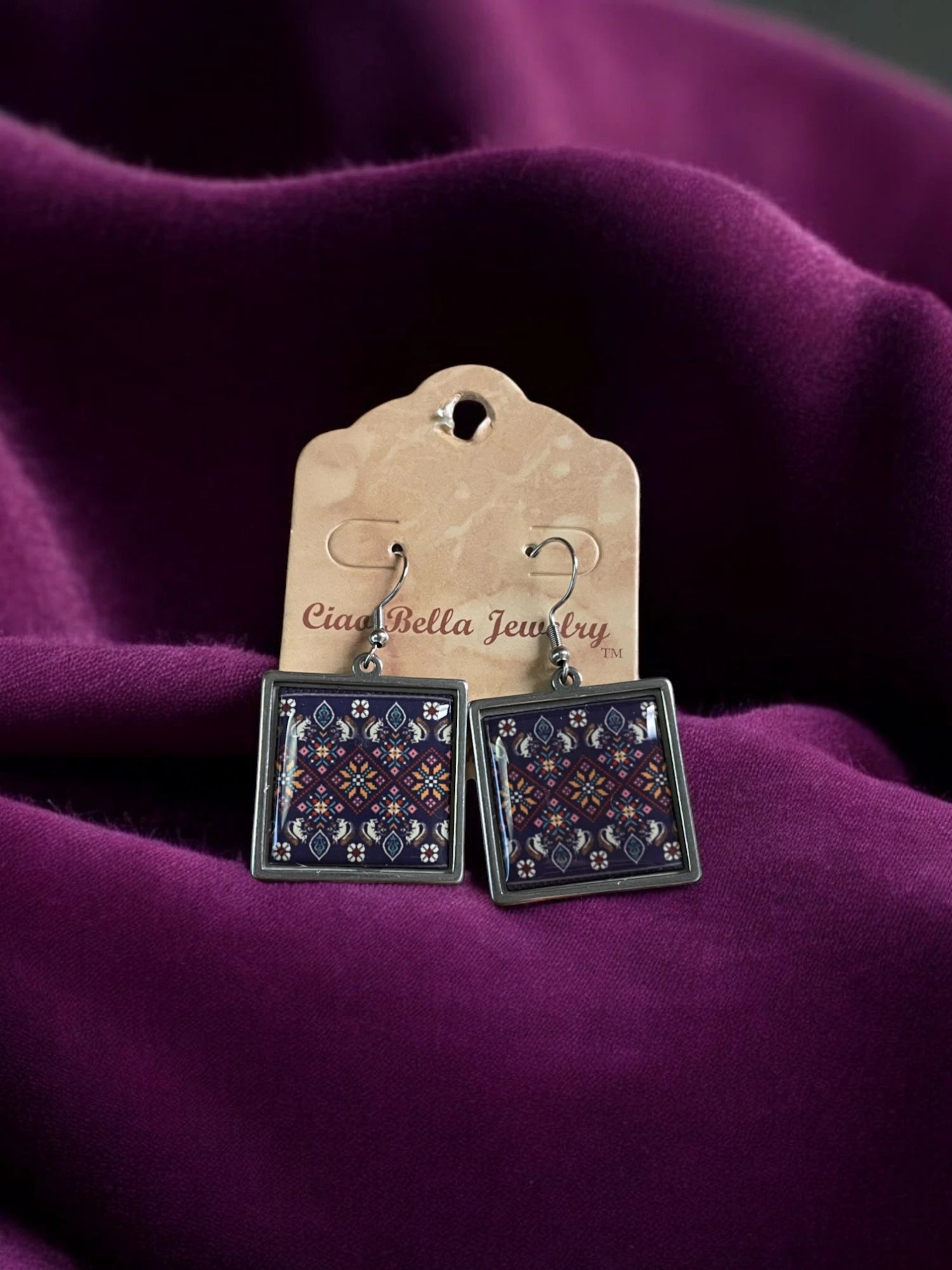 Purple Embroidery Pattern Square  Jewelry Set -  Silver Necklace & Earrings | Unique & Trendy