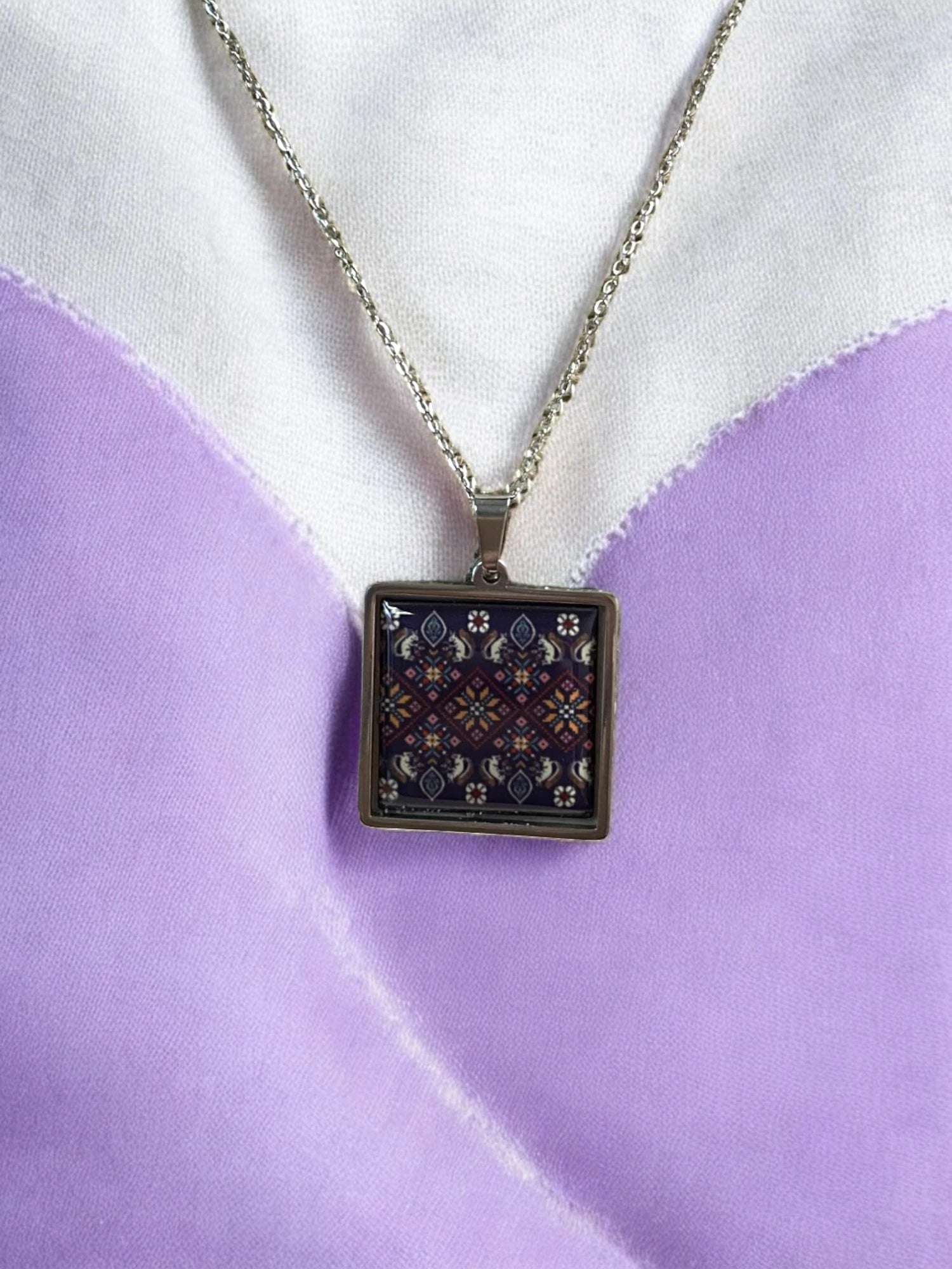 Purple Embroidery Pattern Square  Jewelry Set -  Silver Necklace & Earrings | Unique & Trendy