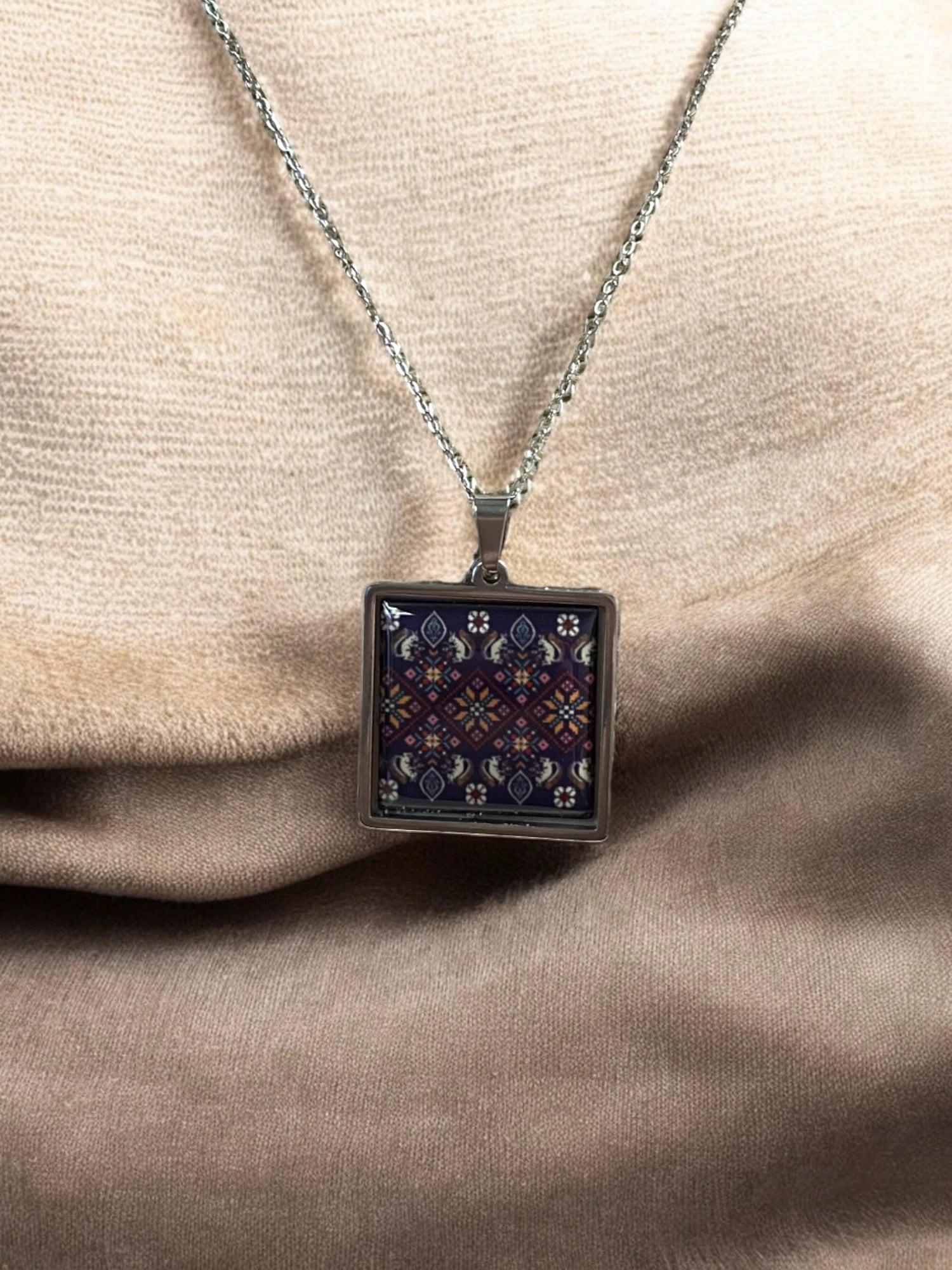 Purple Embroidery Pattern Square  Jewelry Set -  Silver Necklace & Earrings | Unique & Trendy