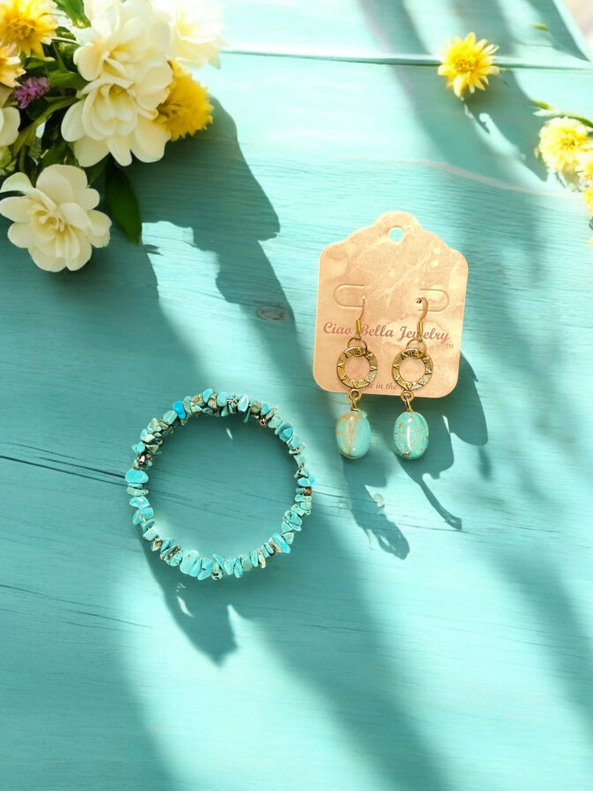Turquoise Jewelry Set, Beaded Bracelet & Gold Earrings