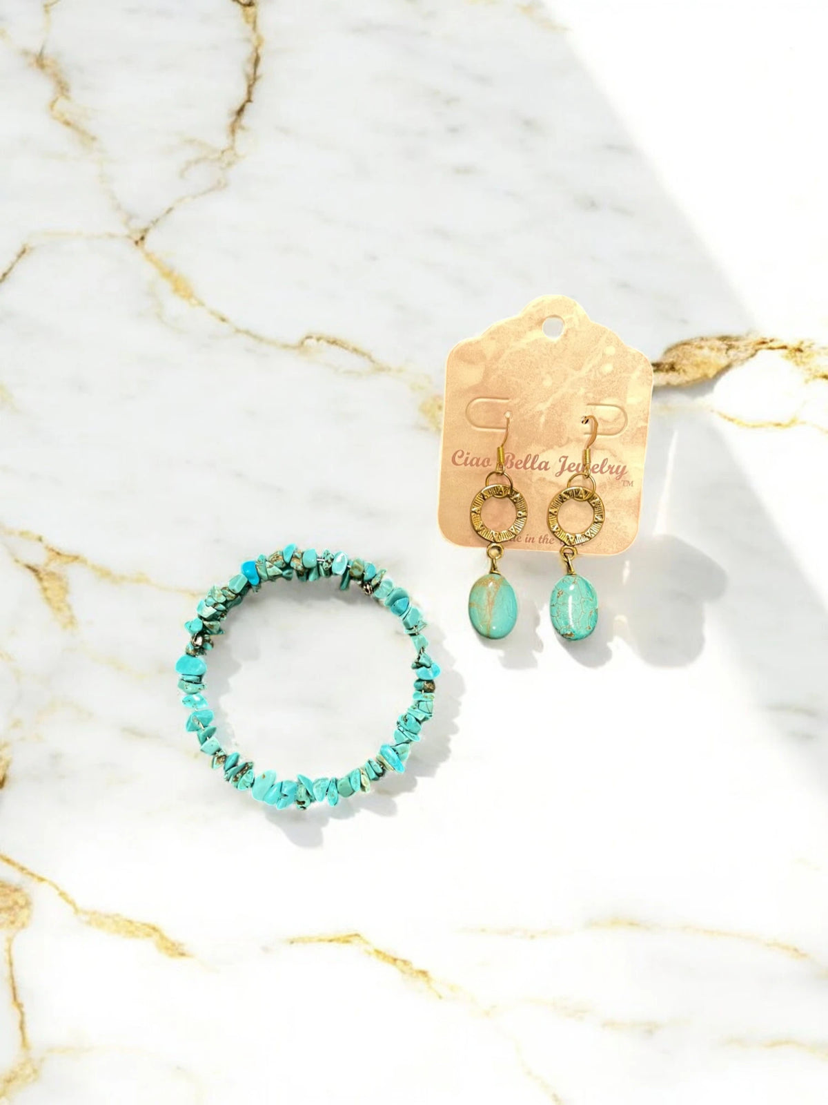 Turquoise Jewelry Set, Beaded Bracelet & Gold Earrings