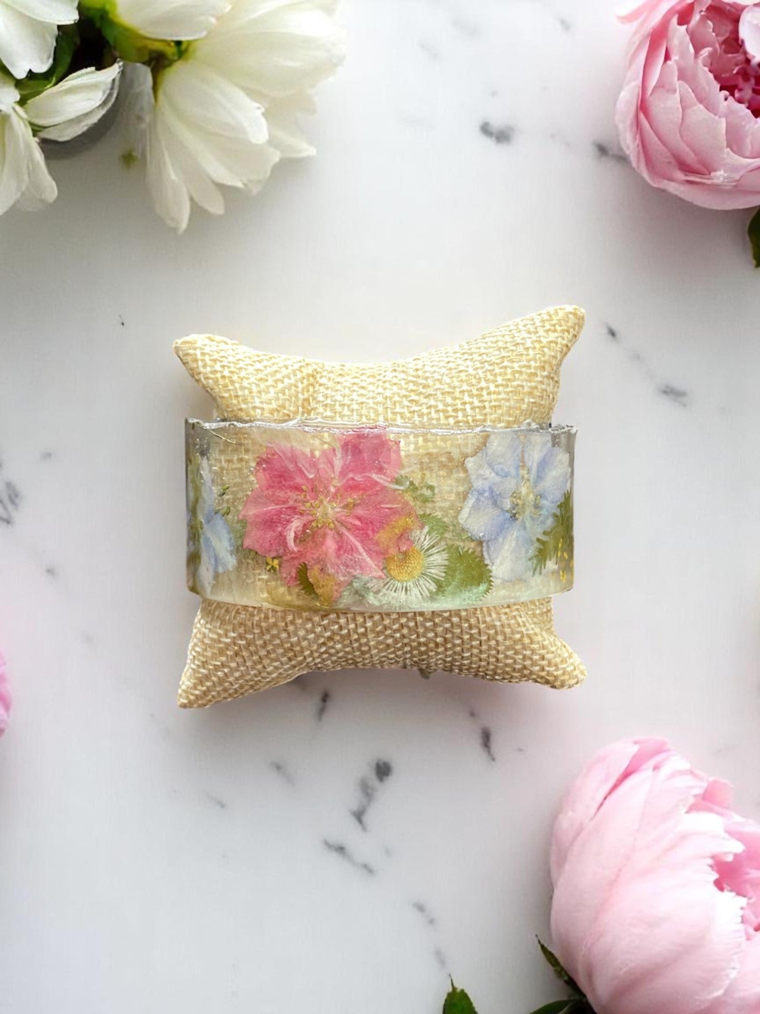 Colorful Handmade Pressed Flower Resin Cuff Bracelet | Unique Handmade Jewelry