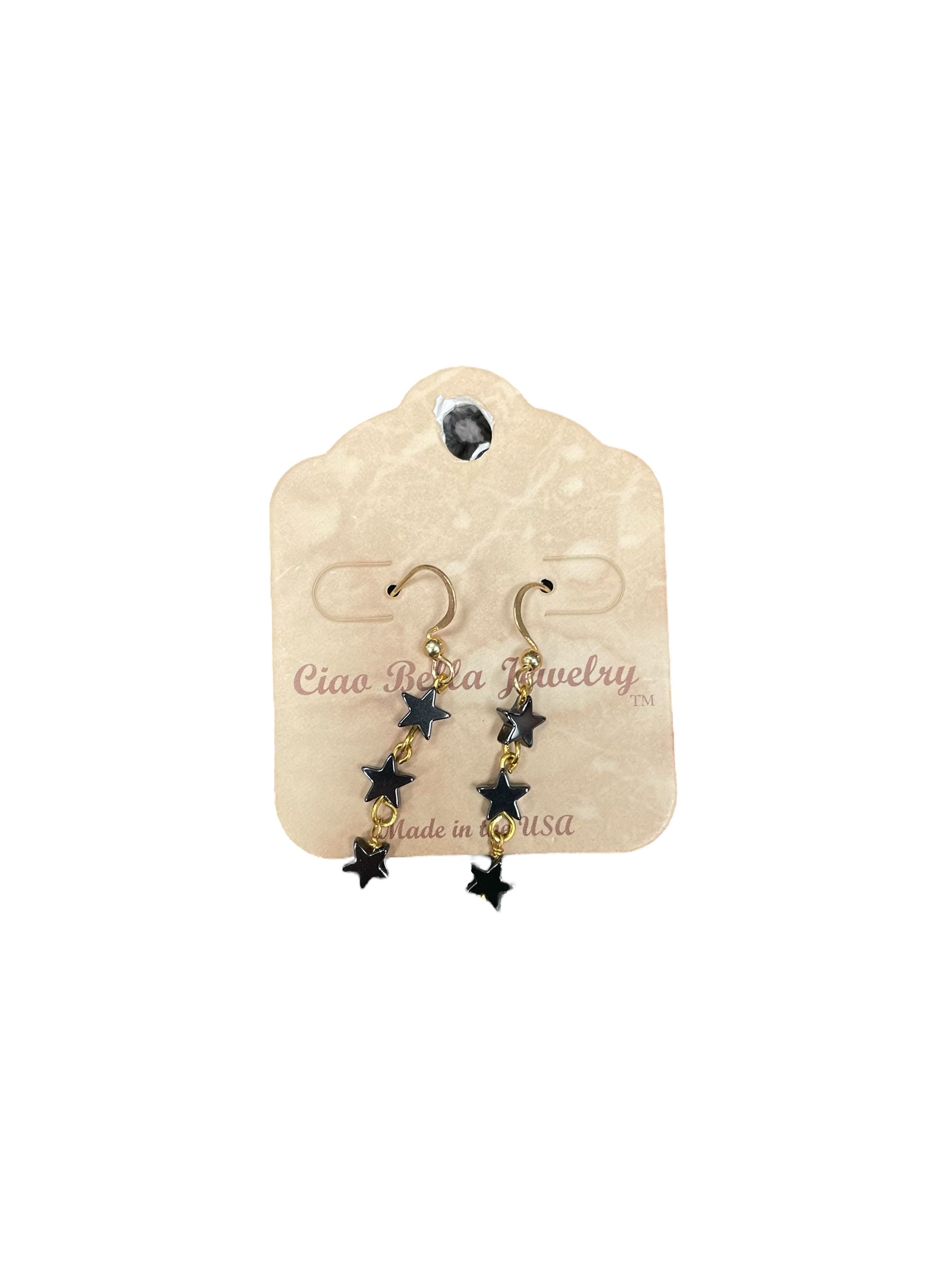 Night Sky Elegance: Tiny Black Hematite Star Gemstones Trio on Gold Drop Earrings