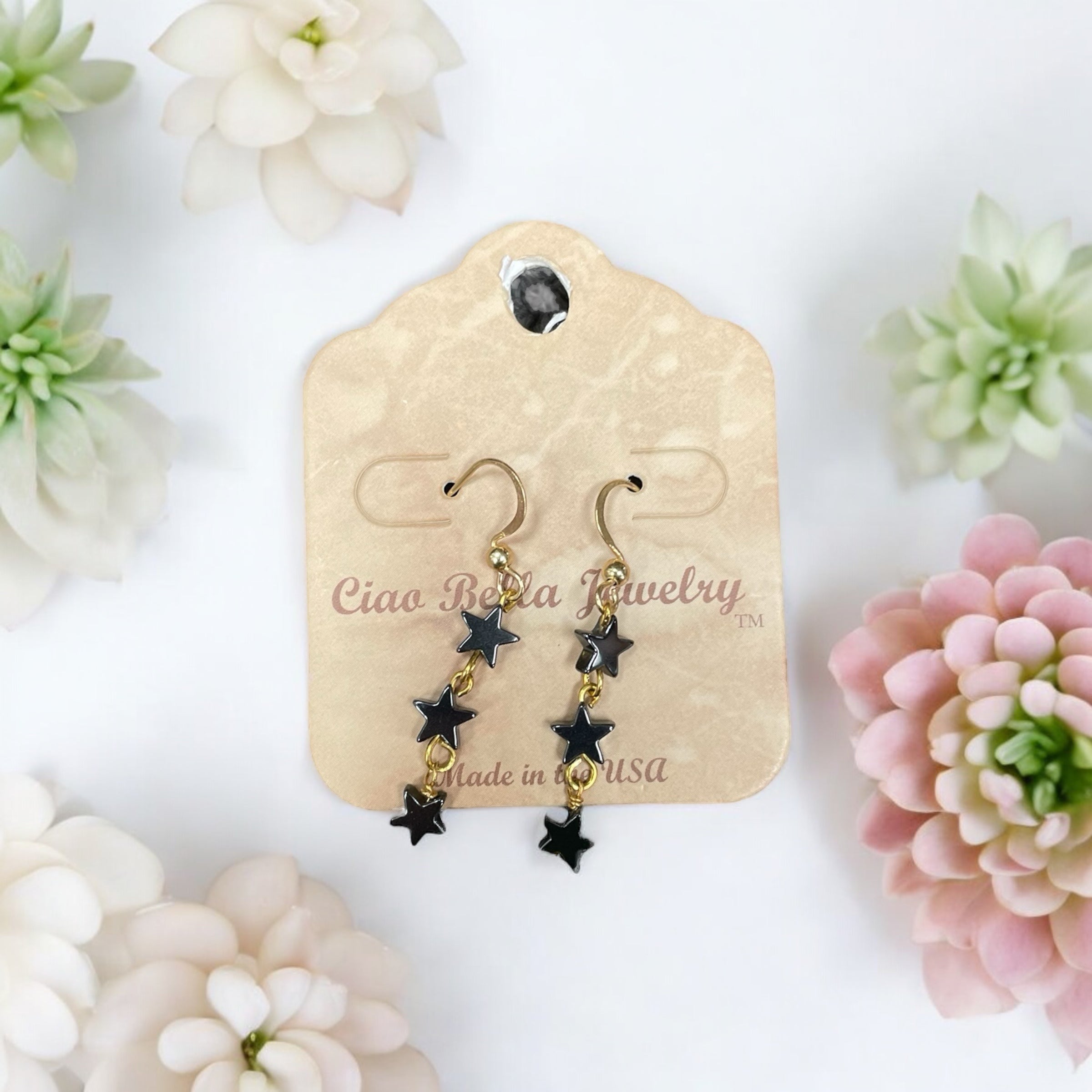 Night Sky Elegance: Tiny Black Hematite Star Gemstones Trio on Gold Drop Earrings