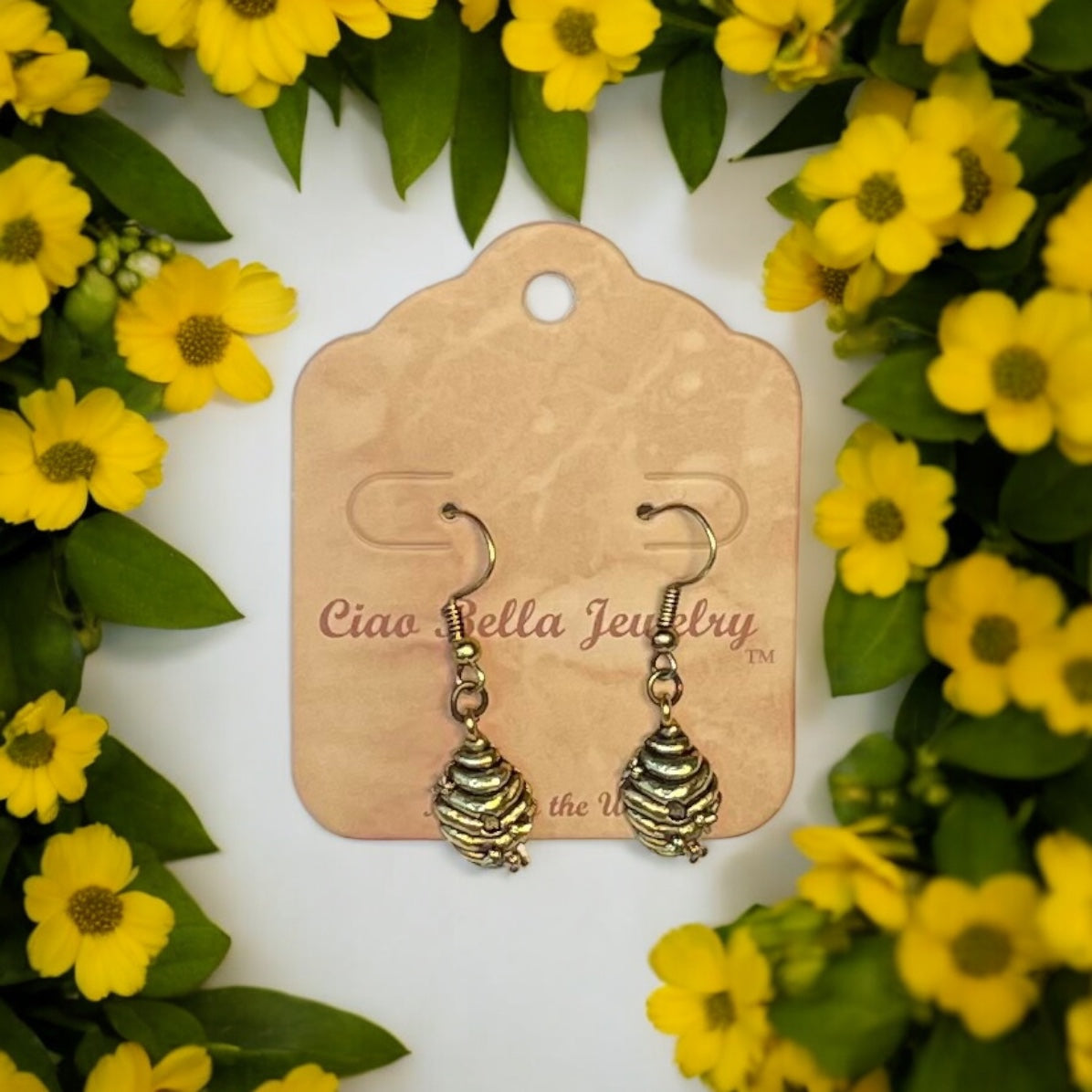 Beehive Earrings, Honeycomb Earrings, Gold Dangle Earrings, Bee Jewelry