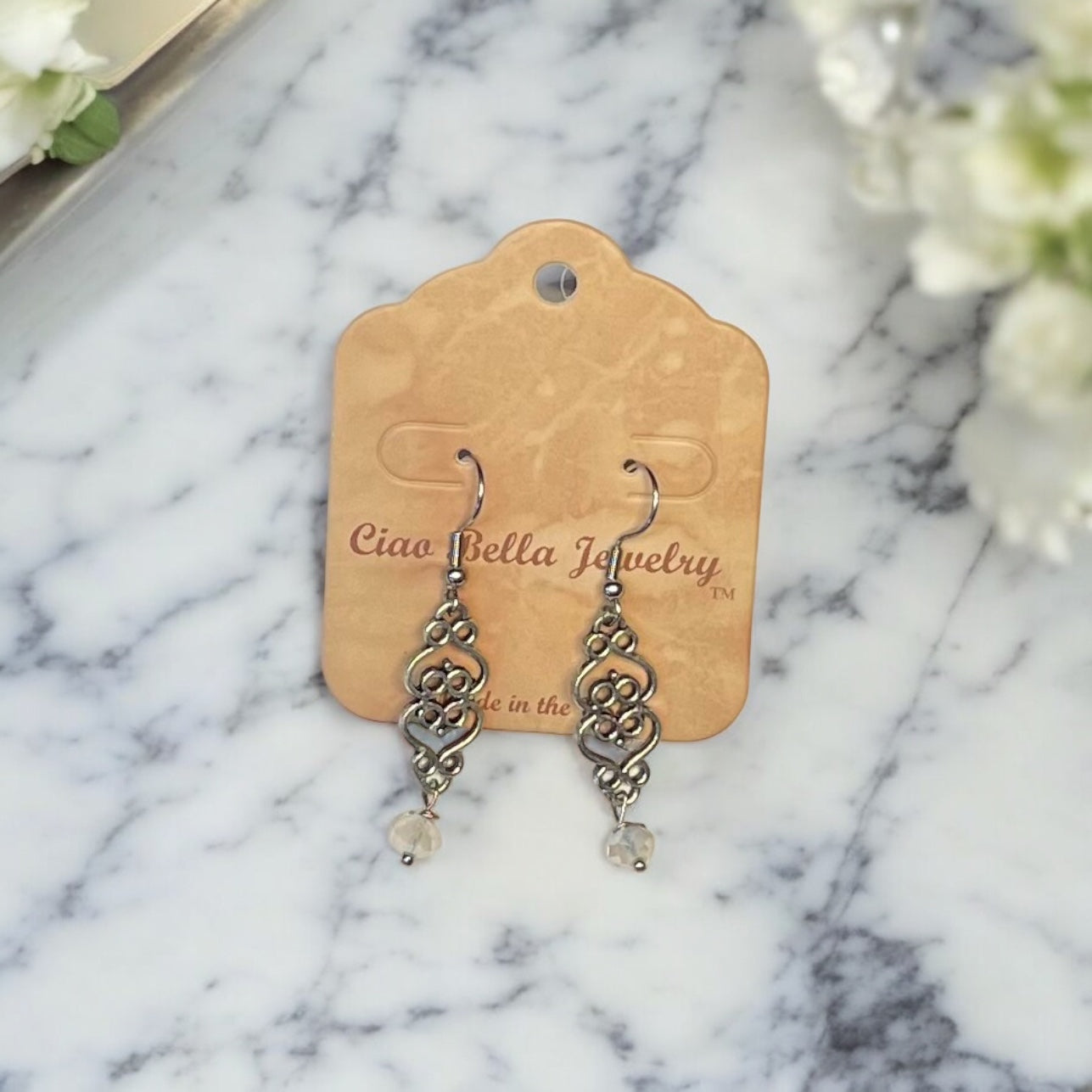 Silver Filigree Dangle Earrings | Gemstone & Crystal Earrings