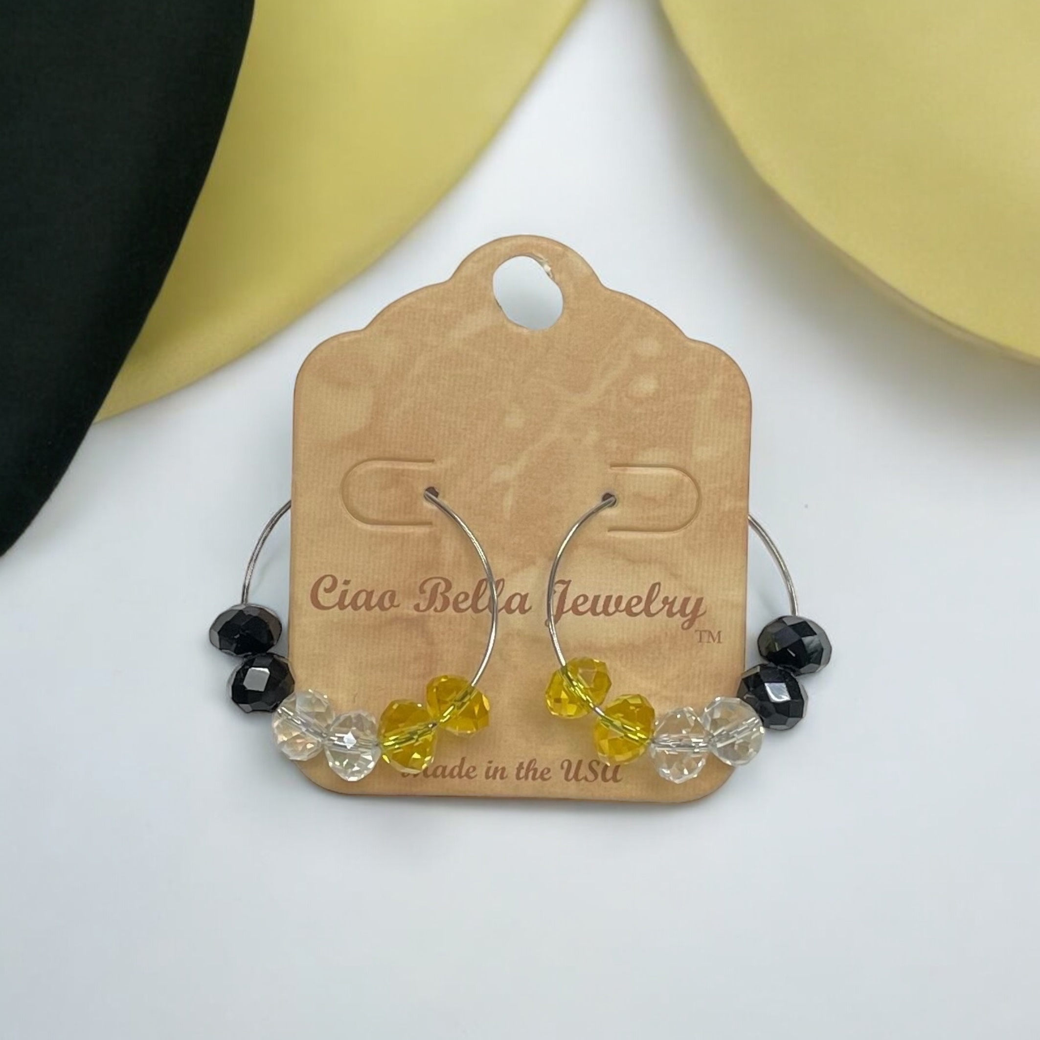 Black, Yellow, Clear Crystal Hoop Earrings | Multicolor Crystal Hoops