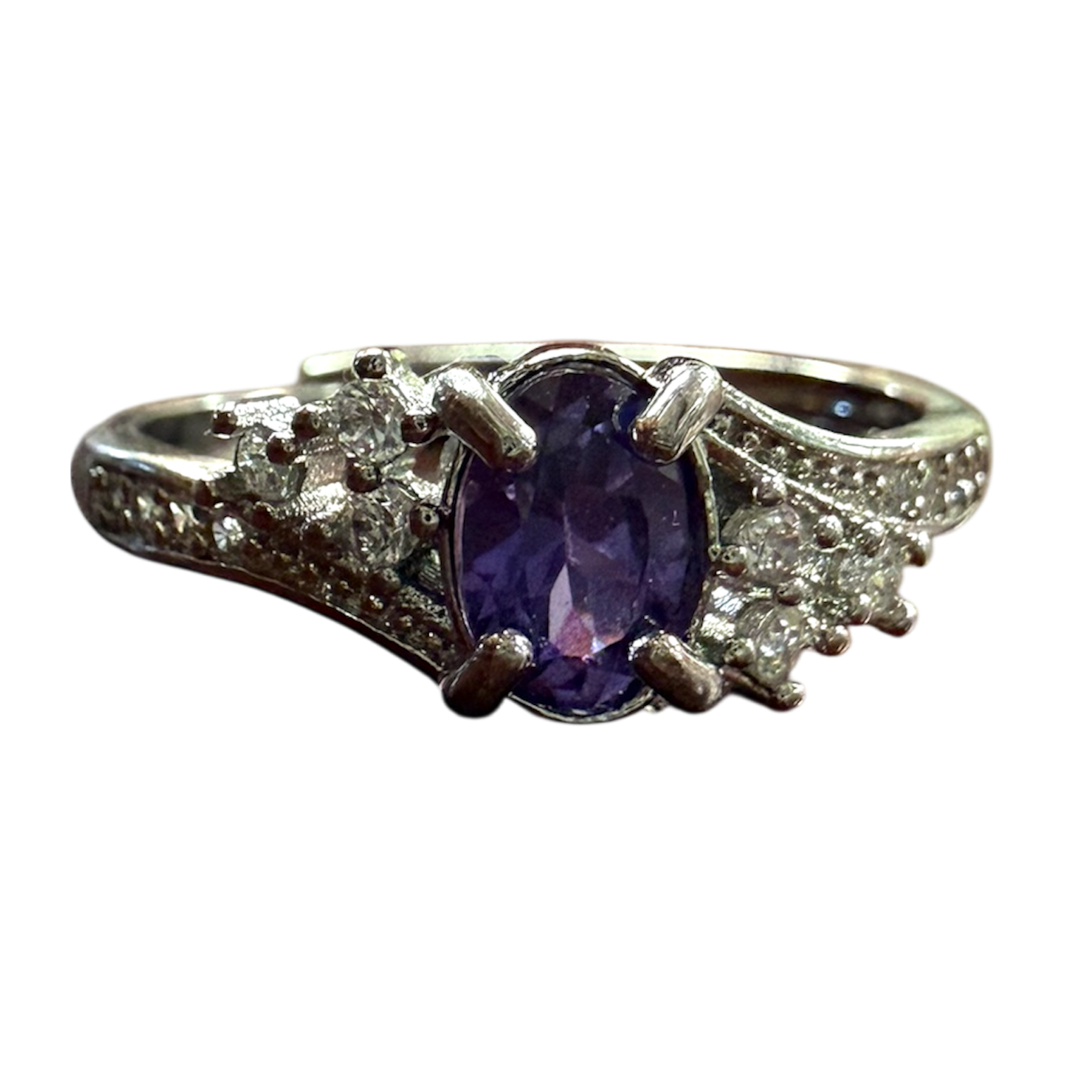 Silver Amethyst-Hued Crystal Silver Ring - Adjustable & Intricate Design