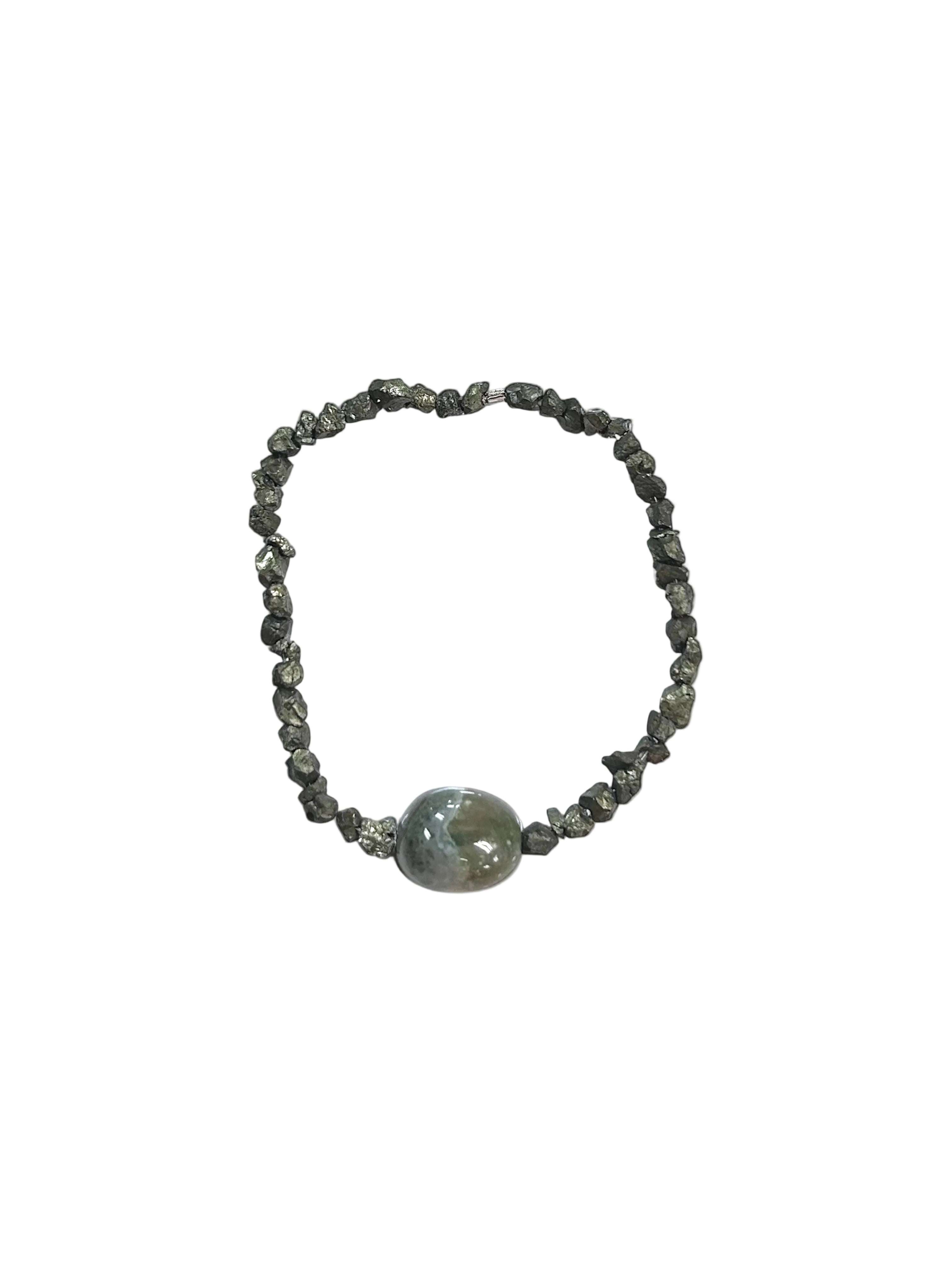 Pyrite Chip Beaded Bracelet with Ocean Jasper Center | Unique Gemstone Jewelry