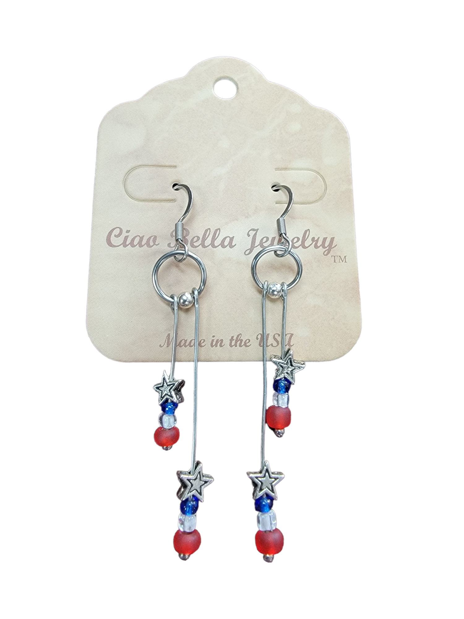 Handcrafted Patriotic Red, White, and Blue Star Drop Earrings in Sterling Silver