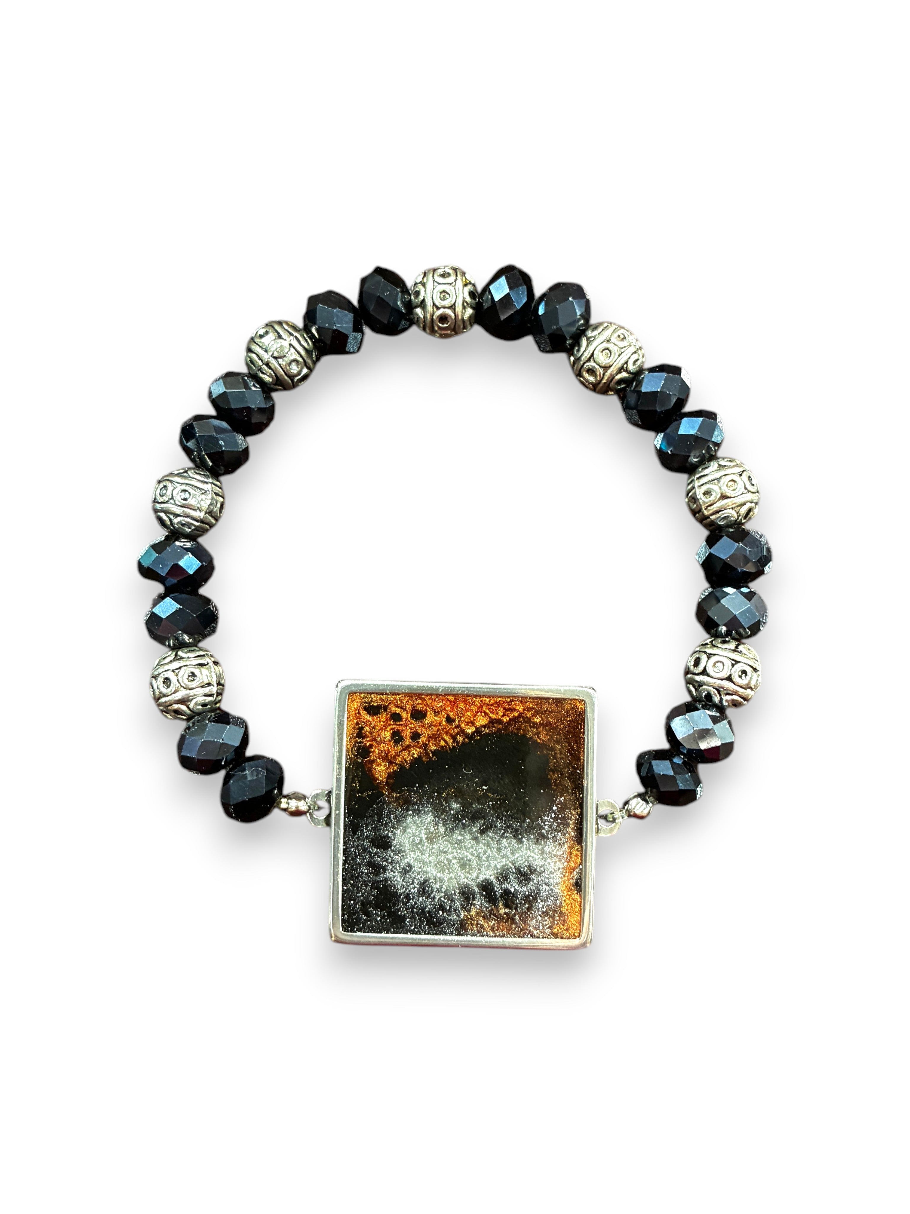 Handcrafted Square Charm Bracelet with Sparkling Black and Bronze Beads