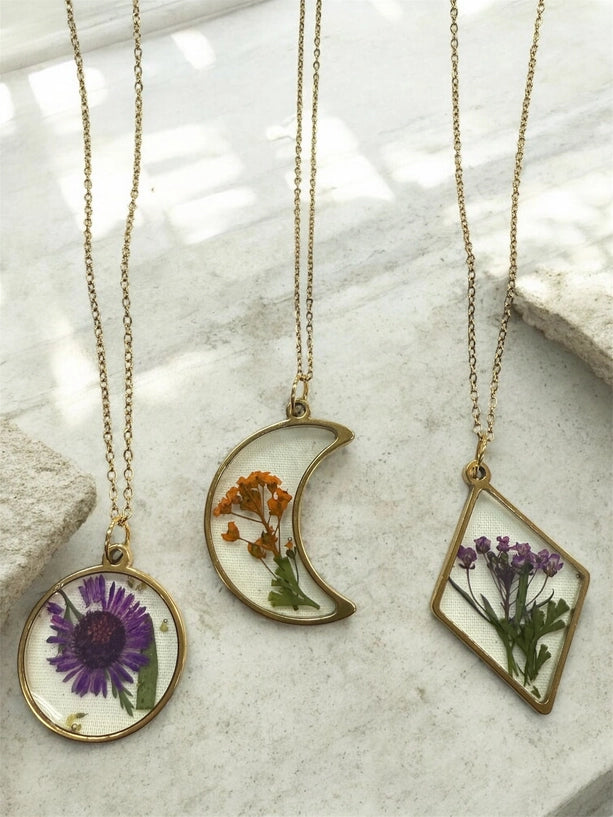Gold Flower Pendant Necklace | Hand-Pressed Real Flower Resin Necklaces