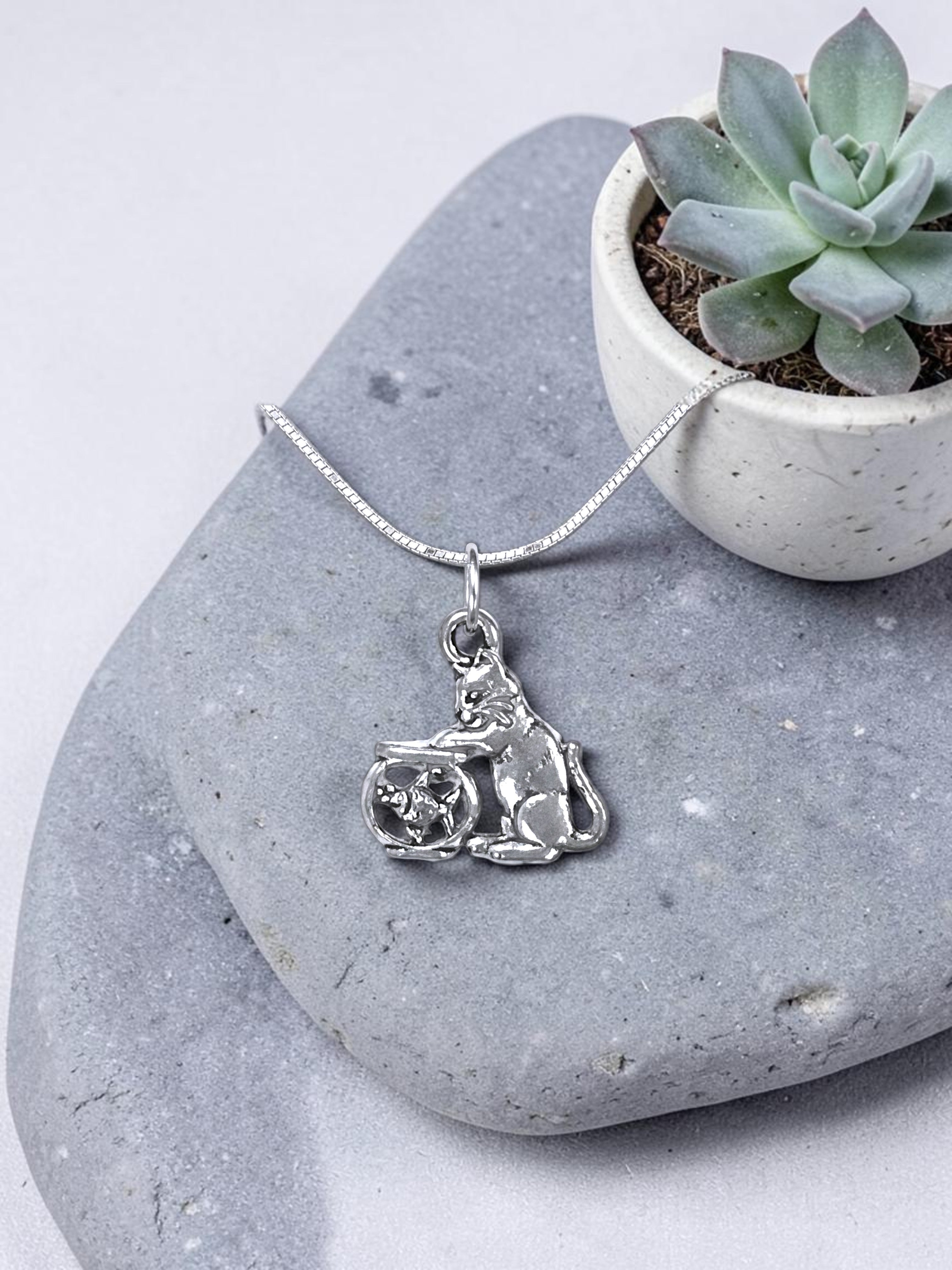 Silver Cat and Fish Tank Pewter Charm Pendant | Travel Charm