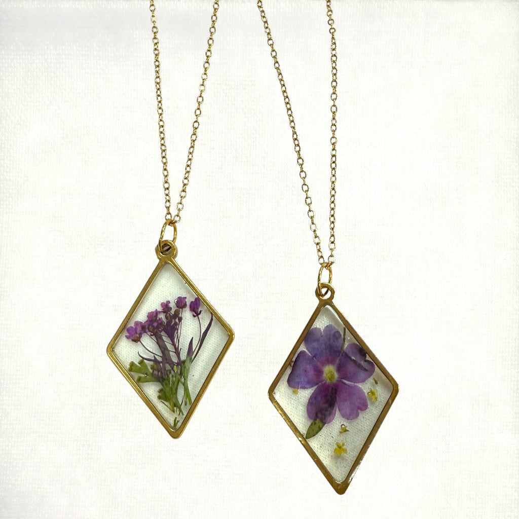 Gold Flower Pendant Necklace | Hand-Pressed Real Flower Resin Necklaces