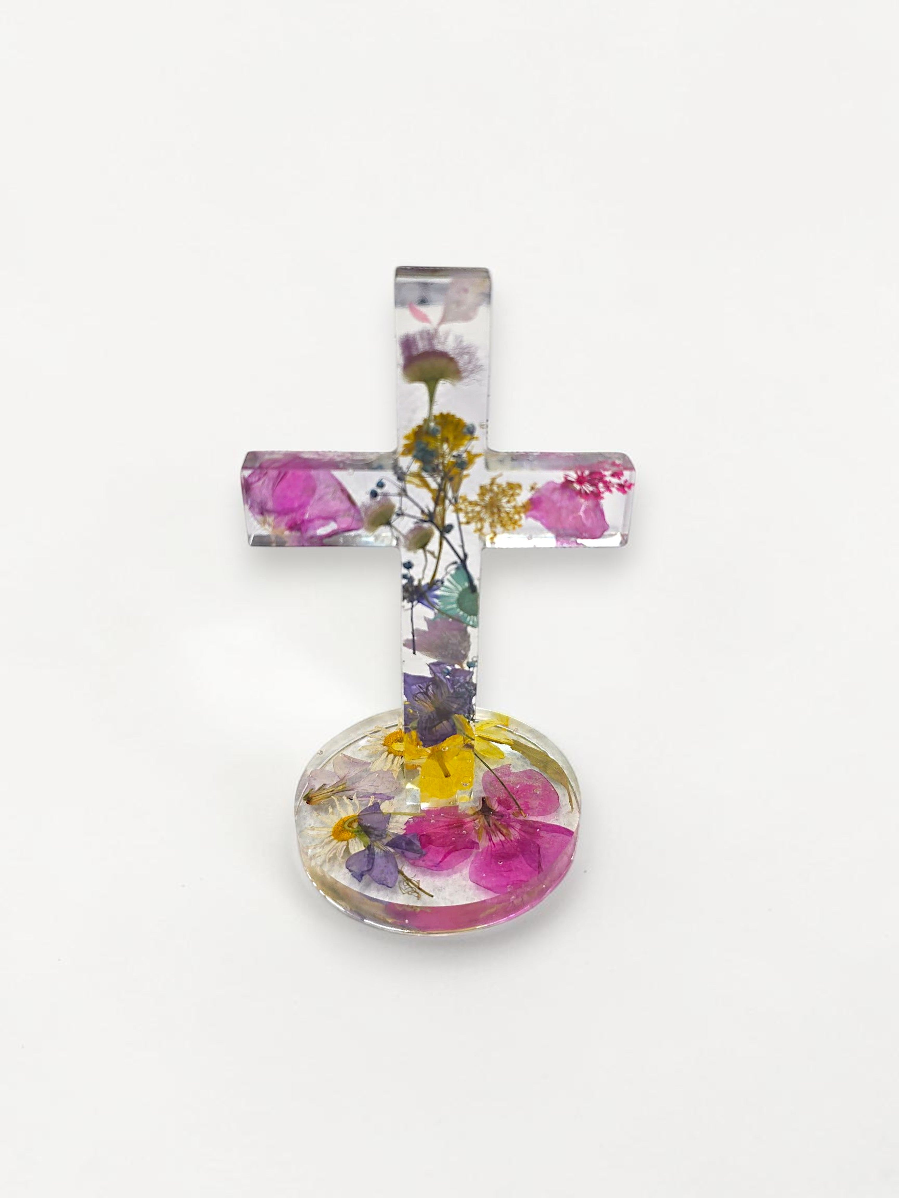 Colorful Handmade Pressed Flower Cross Novelty Decoration | Unique Handmade Resin Design