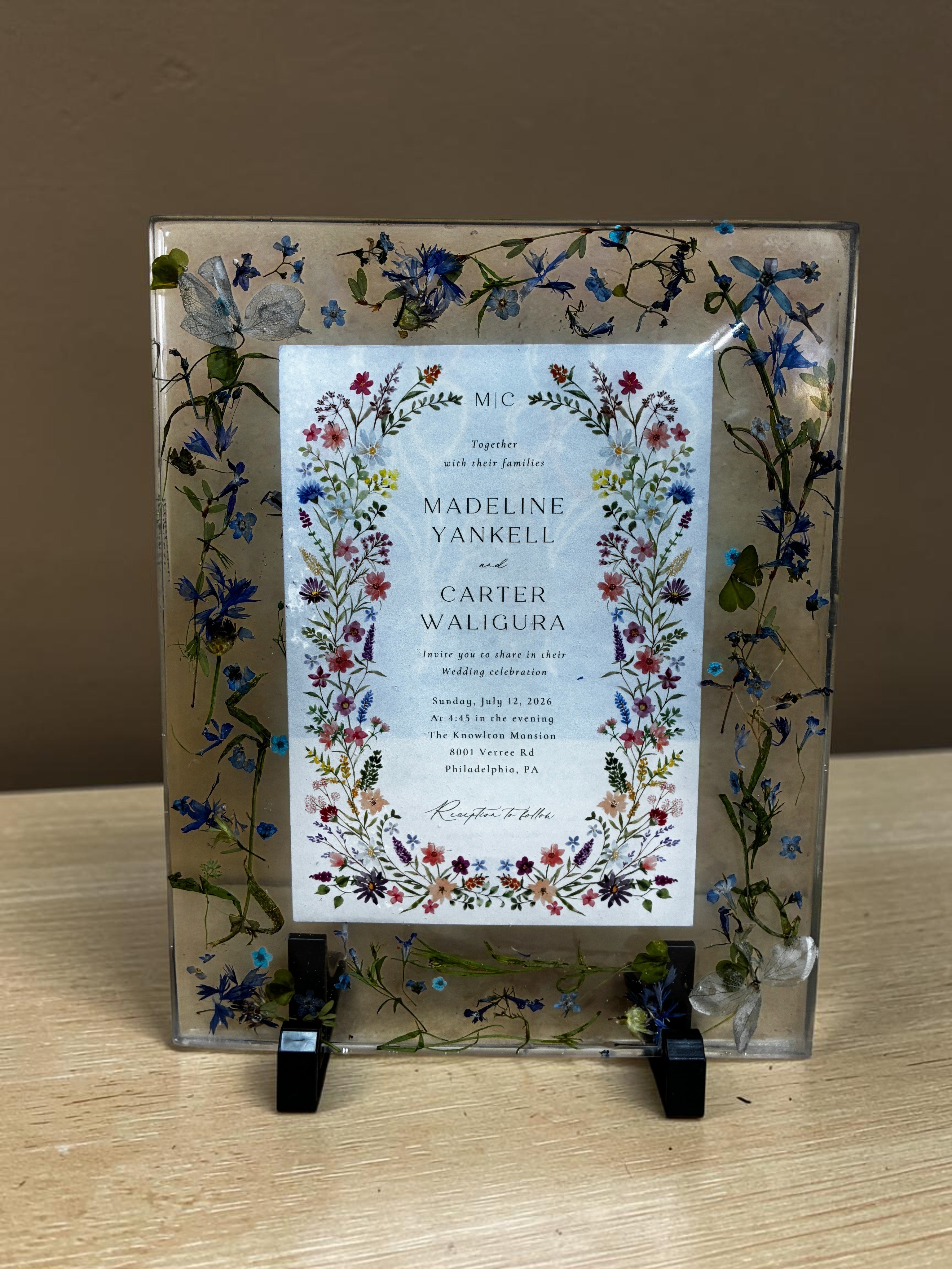 Personalized Pressed Flower Resin Wedding Invitation Frame | Botanical Keepsake