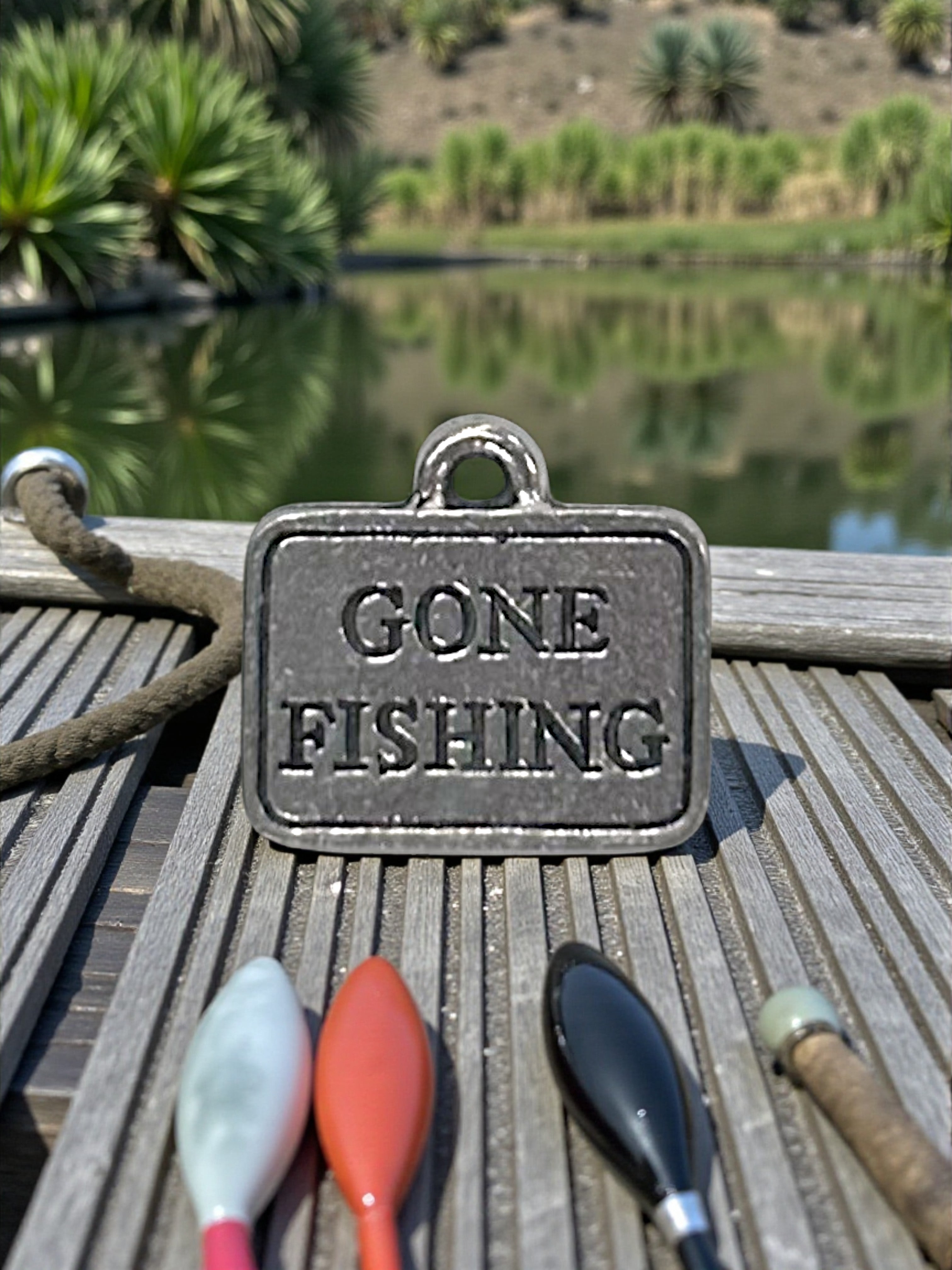Silver "Gone Fishing" Sign Pewter Charm Pendant | Travel Charm