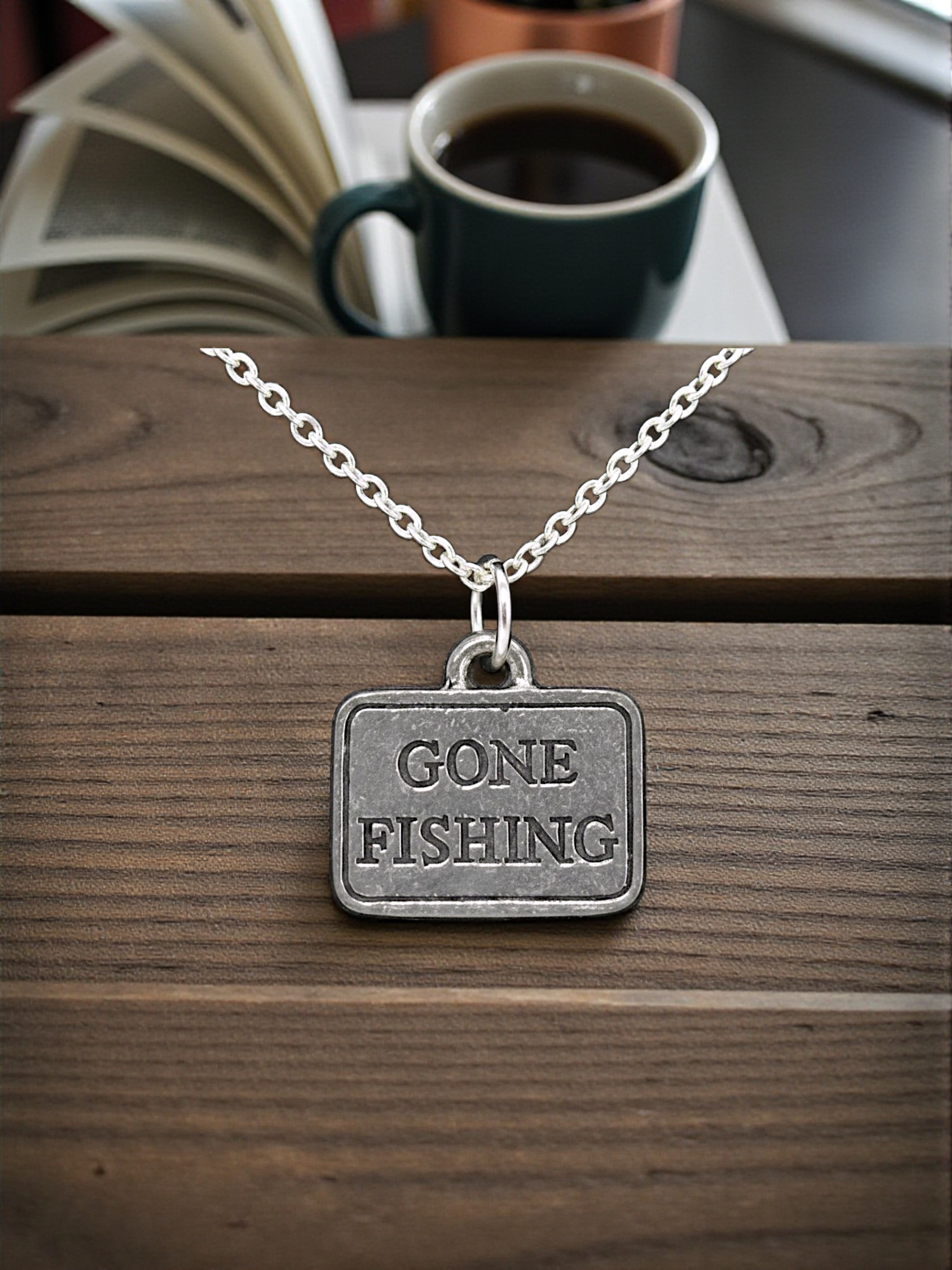 Silver "Gone Fishing" Sign Pewter Charm Pendant | Travel Charm