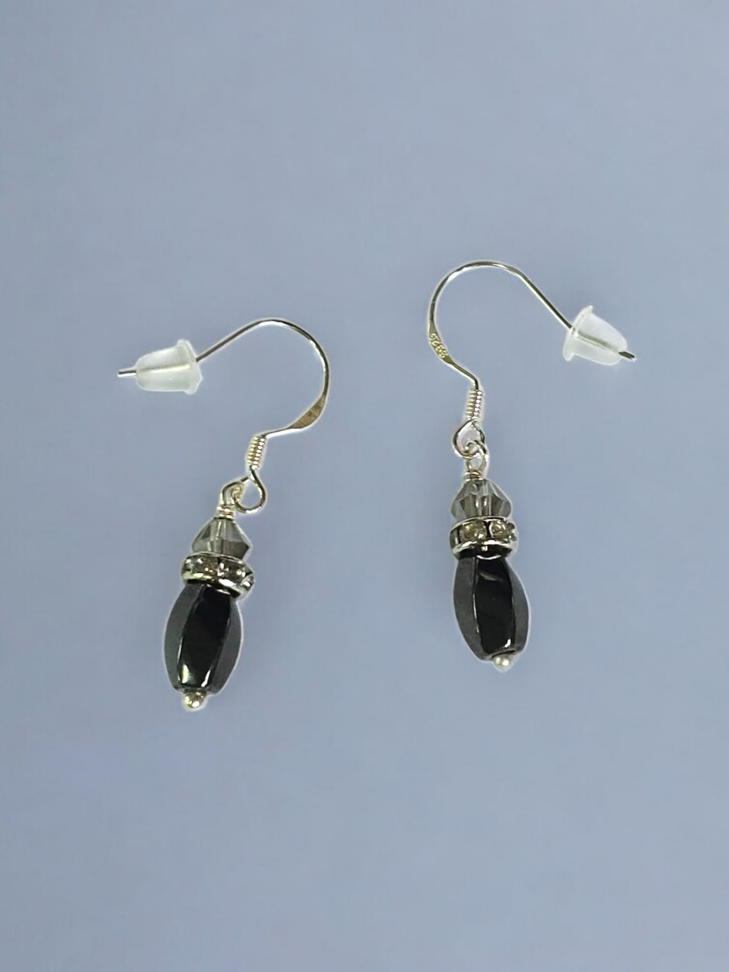 Black Hematite Gemstone Drop Earrings with Crystal Accents | Sterling Silver