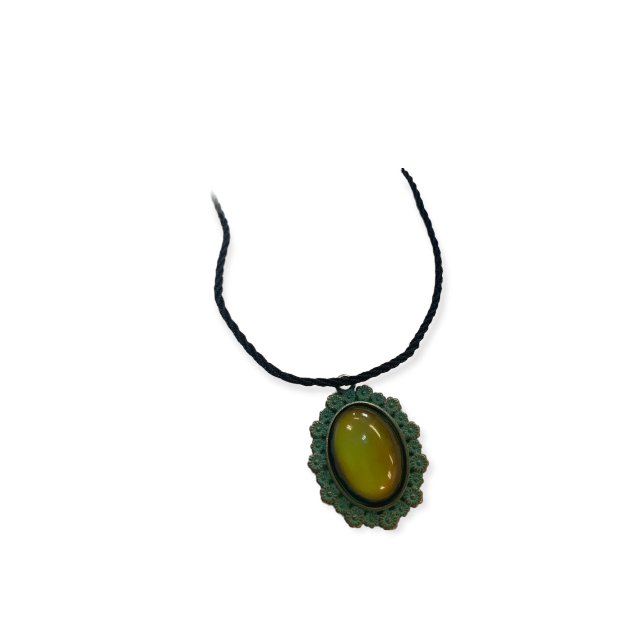 70s Mood Stone Necklace: Antique Gold Turquoise Patina Pendant