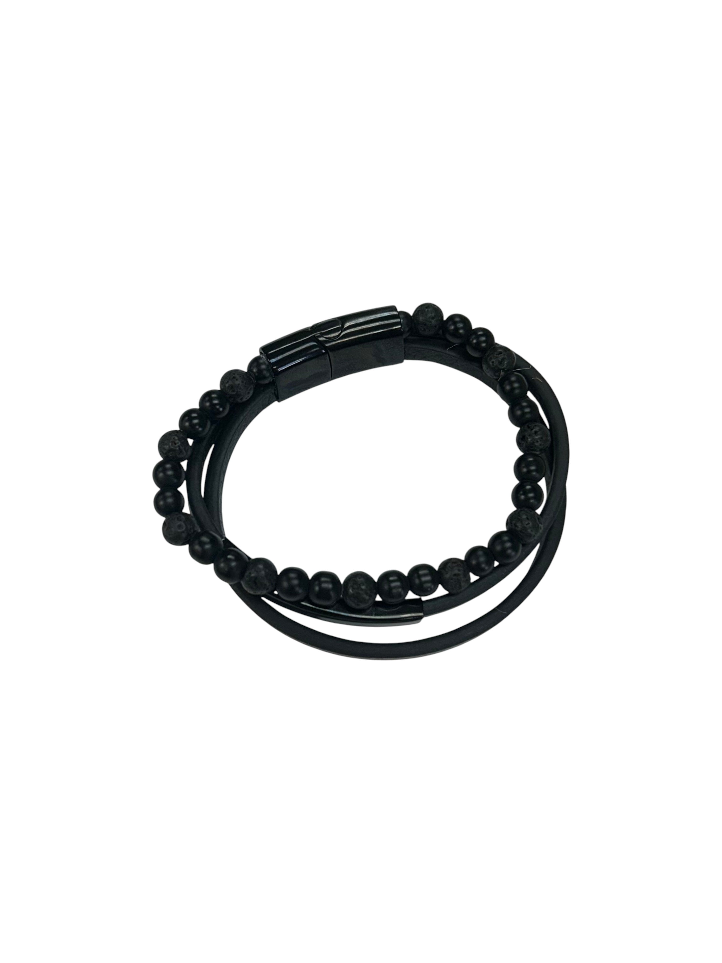 Men's Black Beaded 3-Strand Magnetic Bracelet - Style & Wellness | Therapeutic & Fashionable