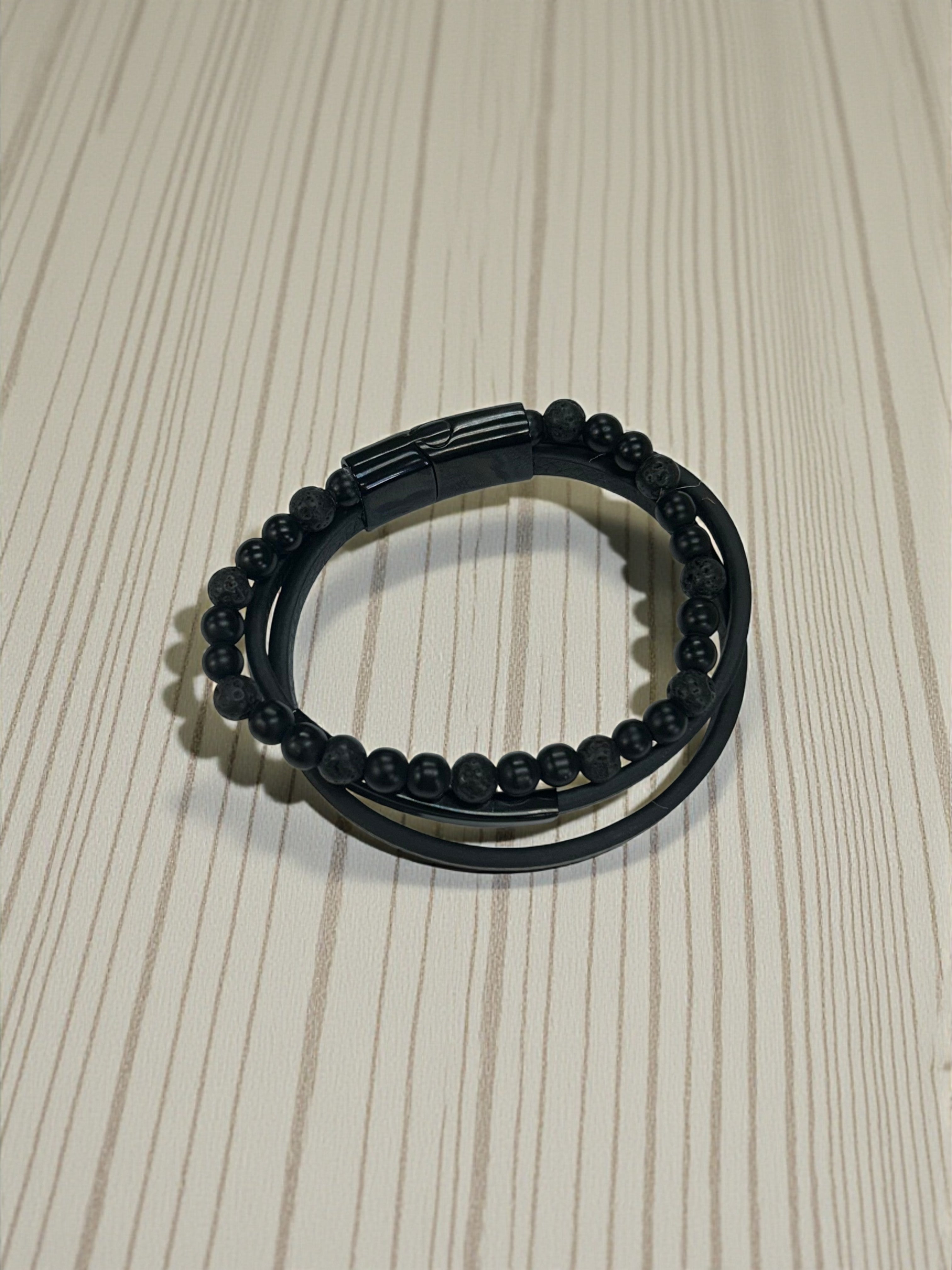 Men's Black Beaded 3-Strand Magnetic Bracelet - Style & Wellness | Therapeutic & Fashionable