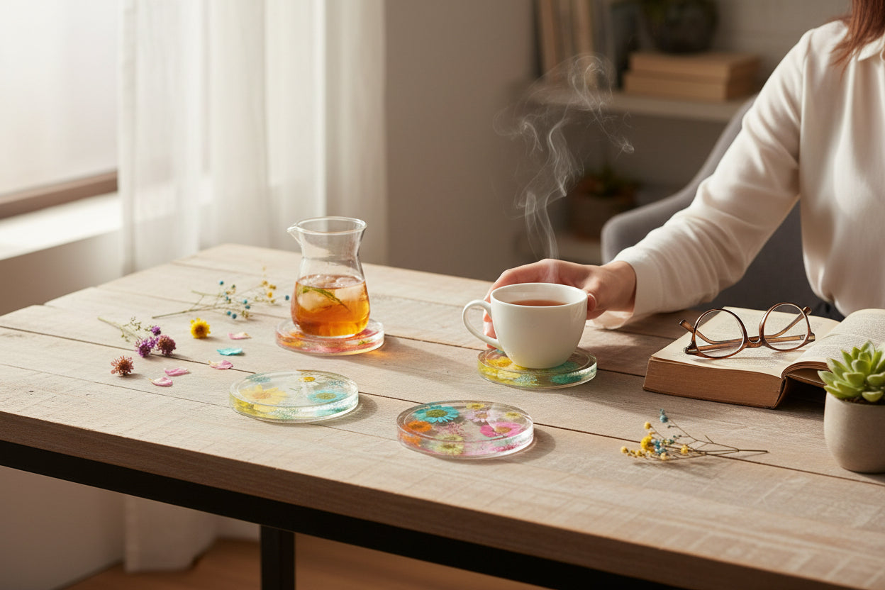 Four Pressed Flower Resin Coasters Set - Botanical Coaster with Real Flowers