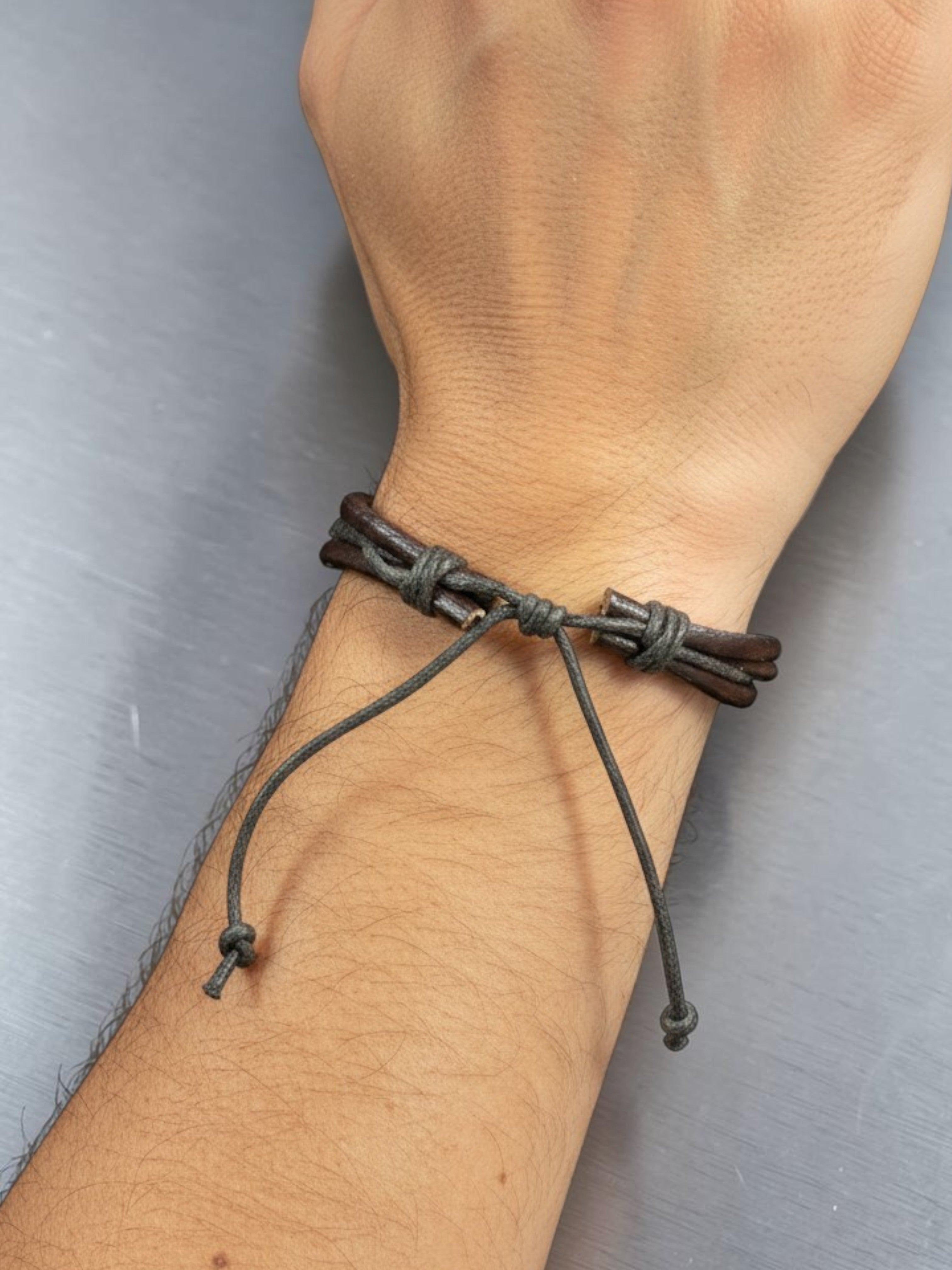 Men's Brown or Black Leather Adjustable Bracelet