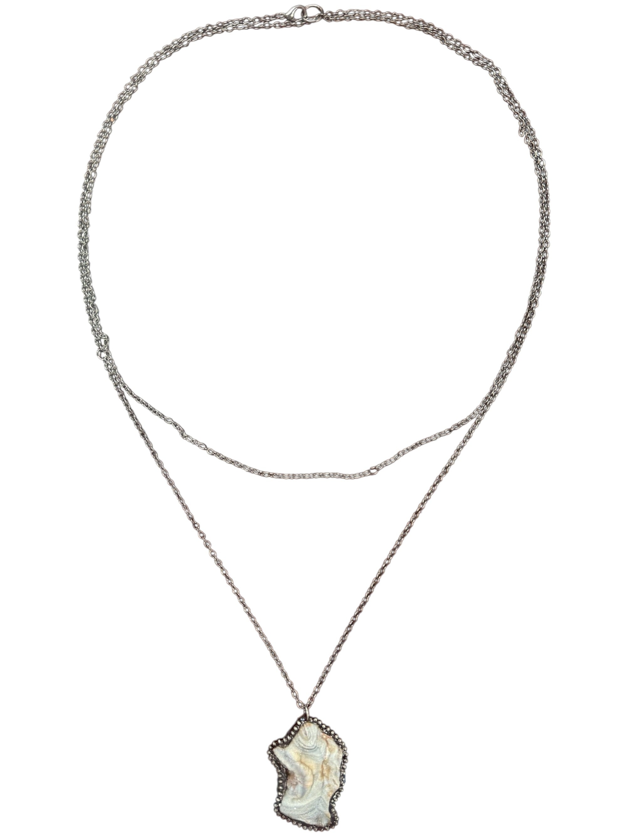 Long Layer Wrap Gunmetal Chain and Agate Geode Pendant Necklace