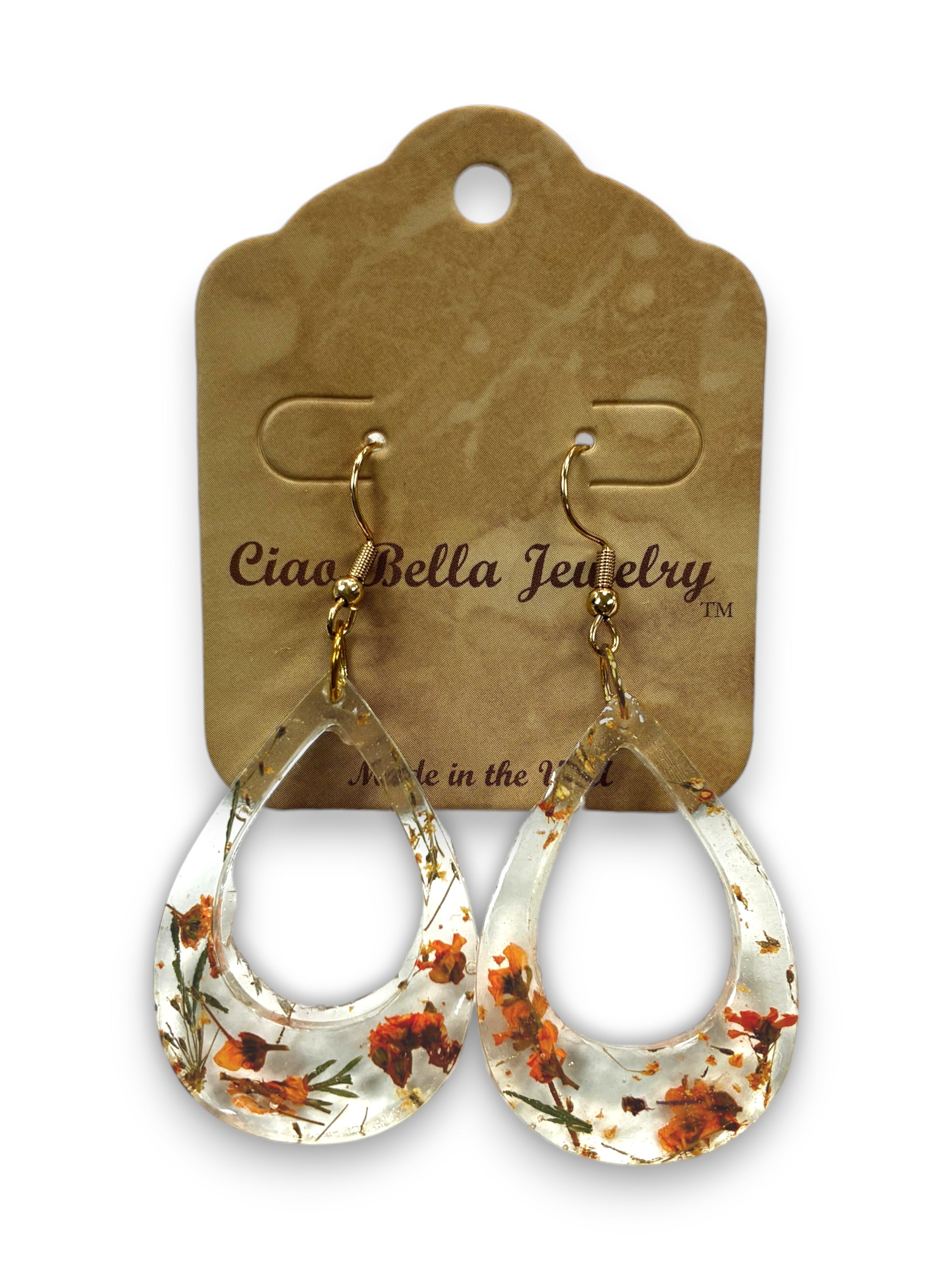 Pressed Flower Resin Teardrop Earrings in Rainbow Variant Colors