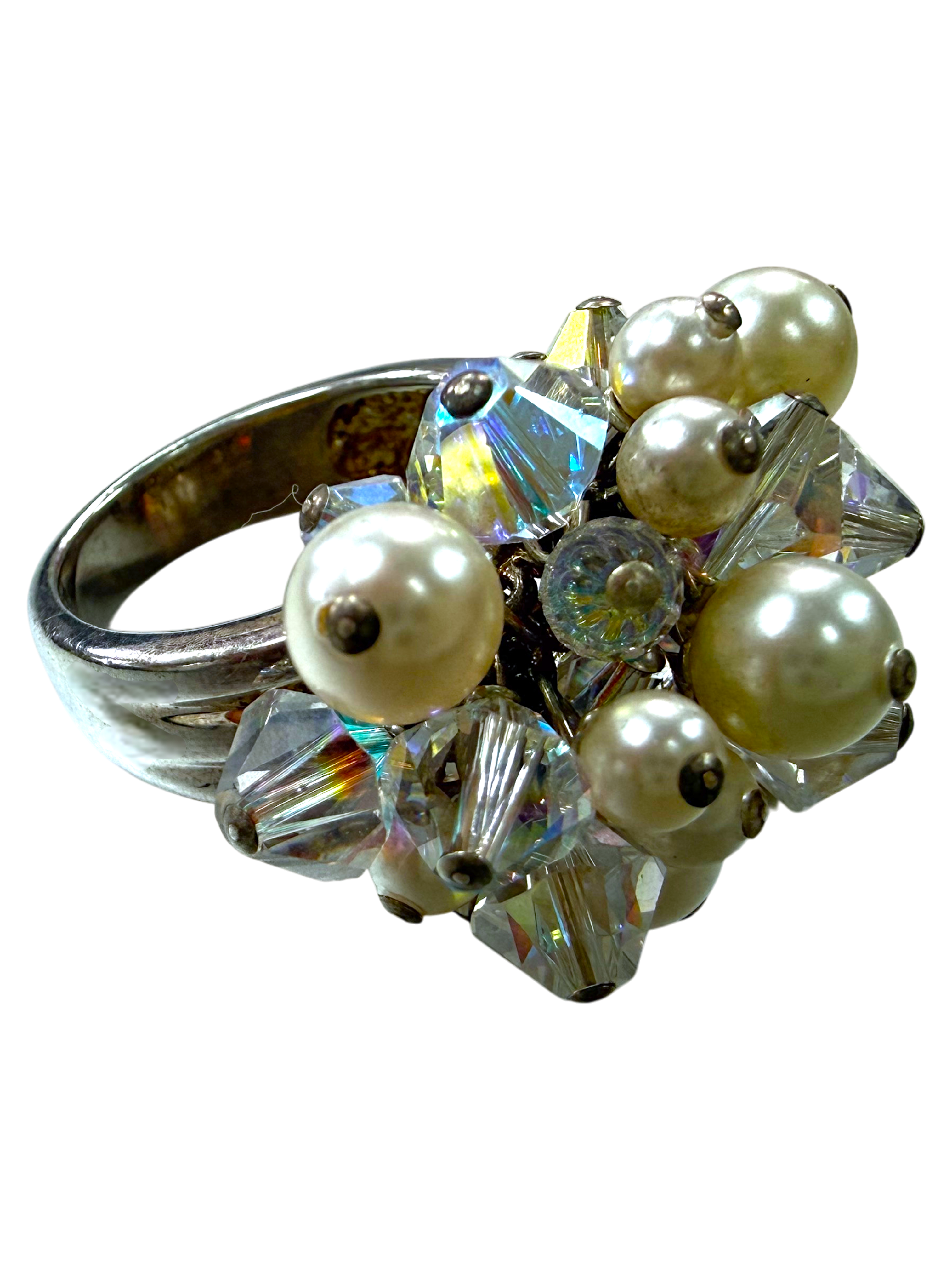 Sterling Silver Austrian Pearl & Crystal Cluster Ring