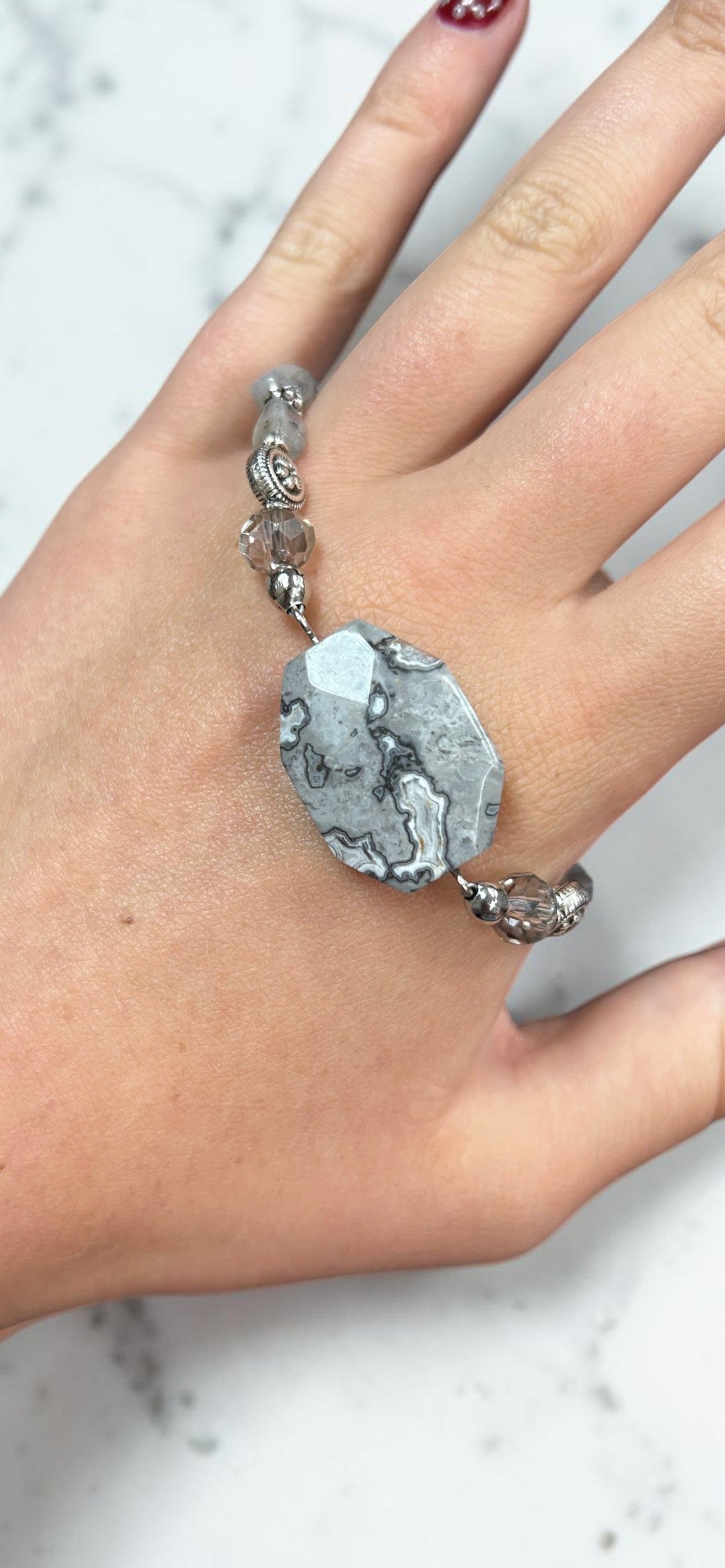 Elegant Picasso Jasper Statement Bracelet with Grey Crystals | LIMITED EDITION |