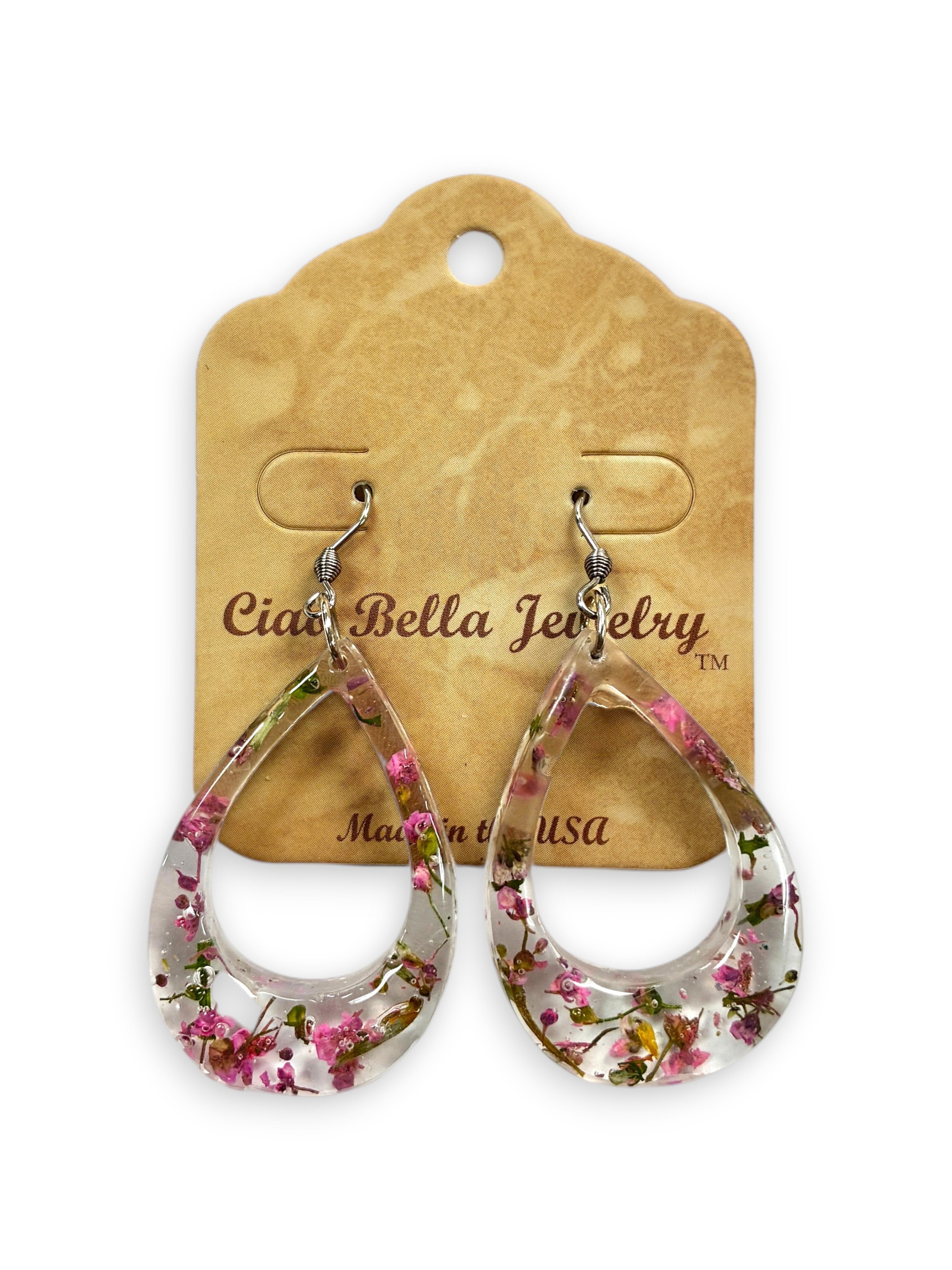 Pressed Flower Resin Teardrop Earrings in Rainbow Variant Colors