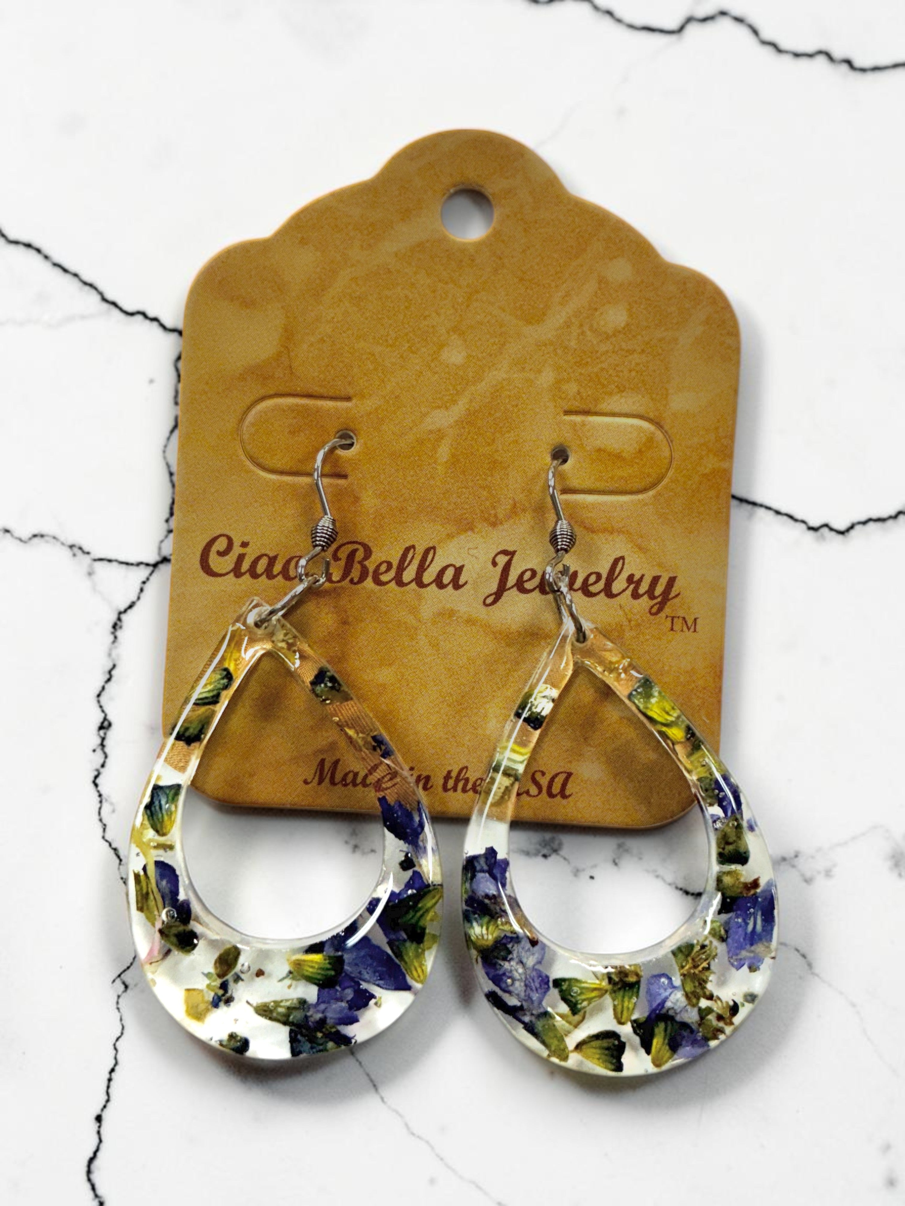 Pressed Flower Resin Teardrop Earrings in Rainbow Variant Colors