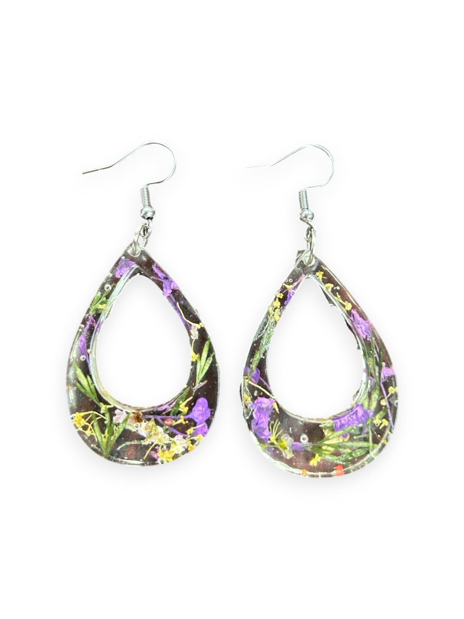Pressed Flower Resin Teardrop Earrings in Rainbow Variant Colors