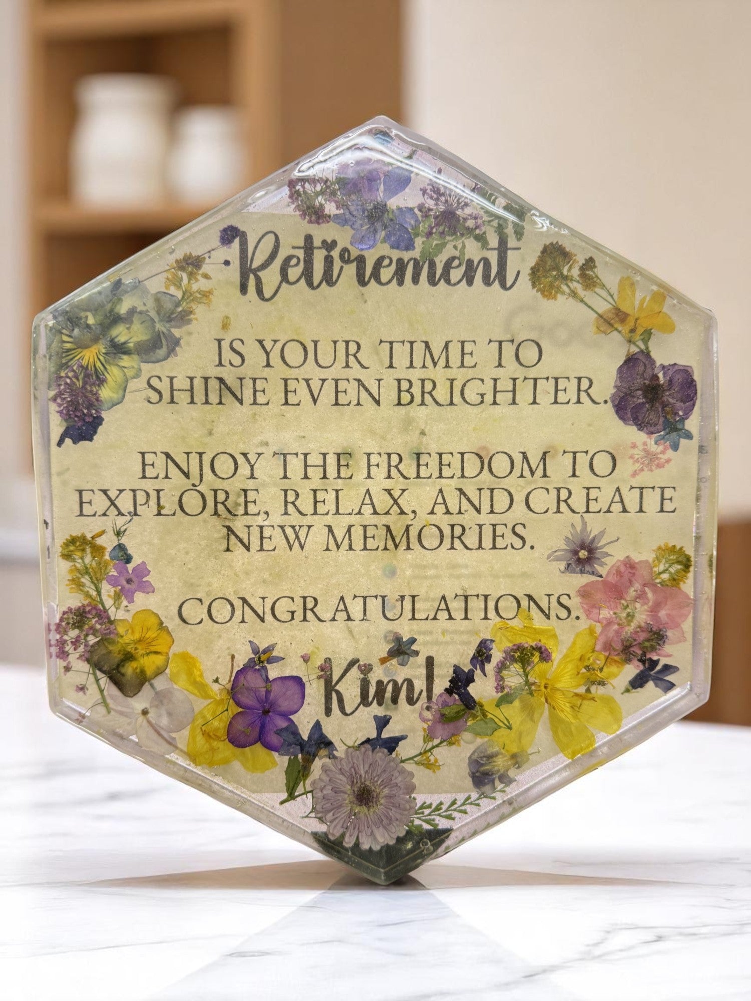 Retirement Plaque Everlasting Bloom - Personalized Resin & Real Flowers