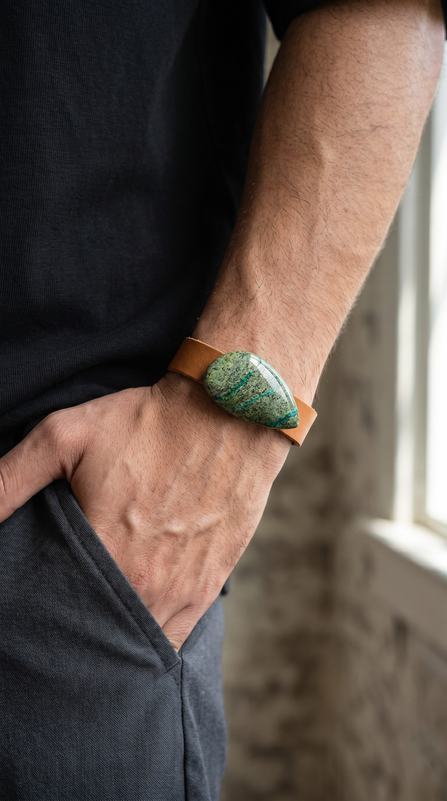 Unisex Tan Leather Adjustable Bracelet with Green Azurite Venter Gemstone