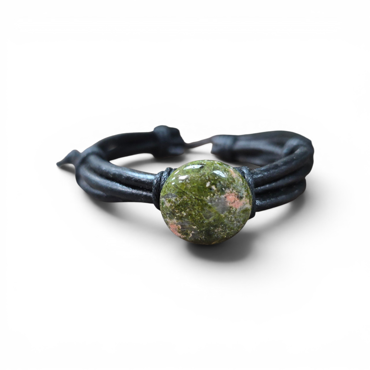 Men's Brown or Black Leather Adjustable Bracelet with Gemstone