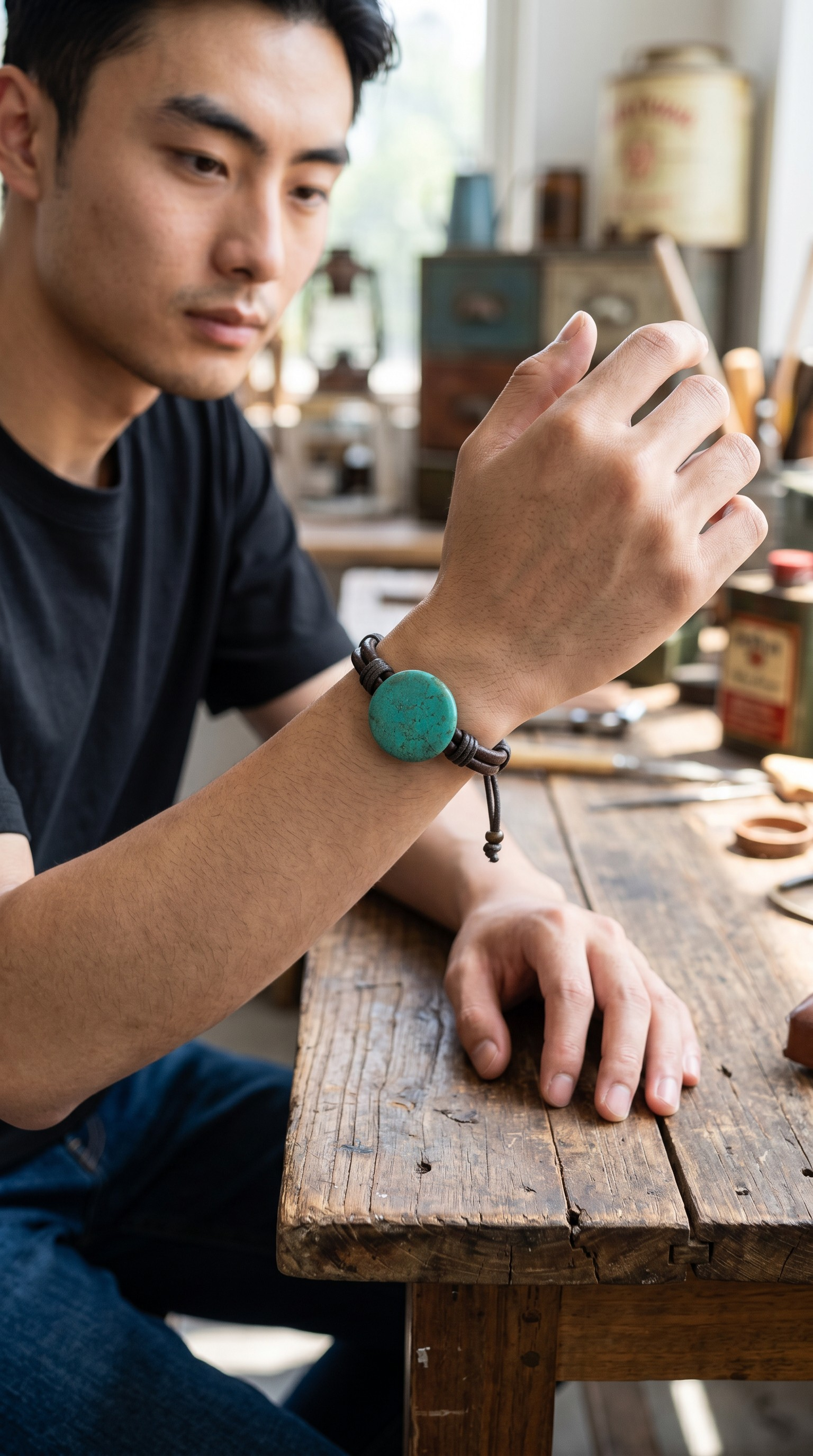 Men's Brown or Black Leather Adjustable Bracelet with Gemstone