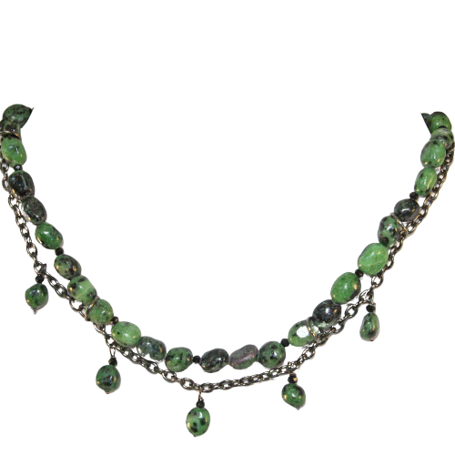 Green Ruby Zoisite Double Strand Necklace with Gunmetal Chain | Edgy and Elegant