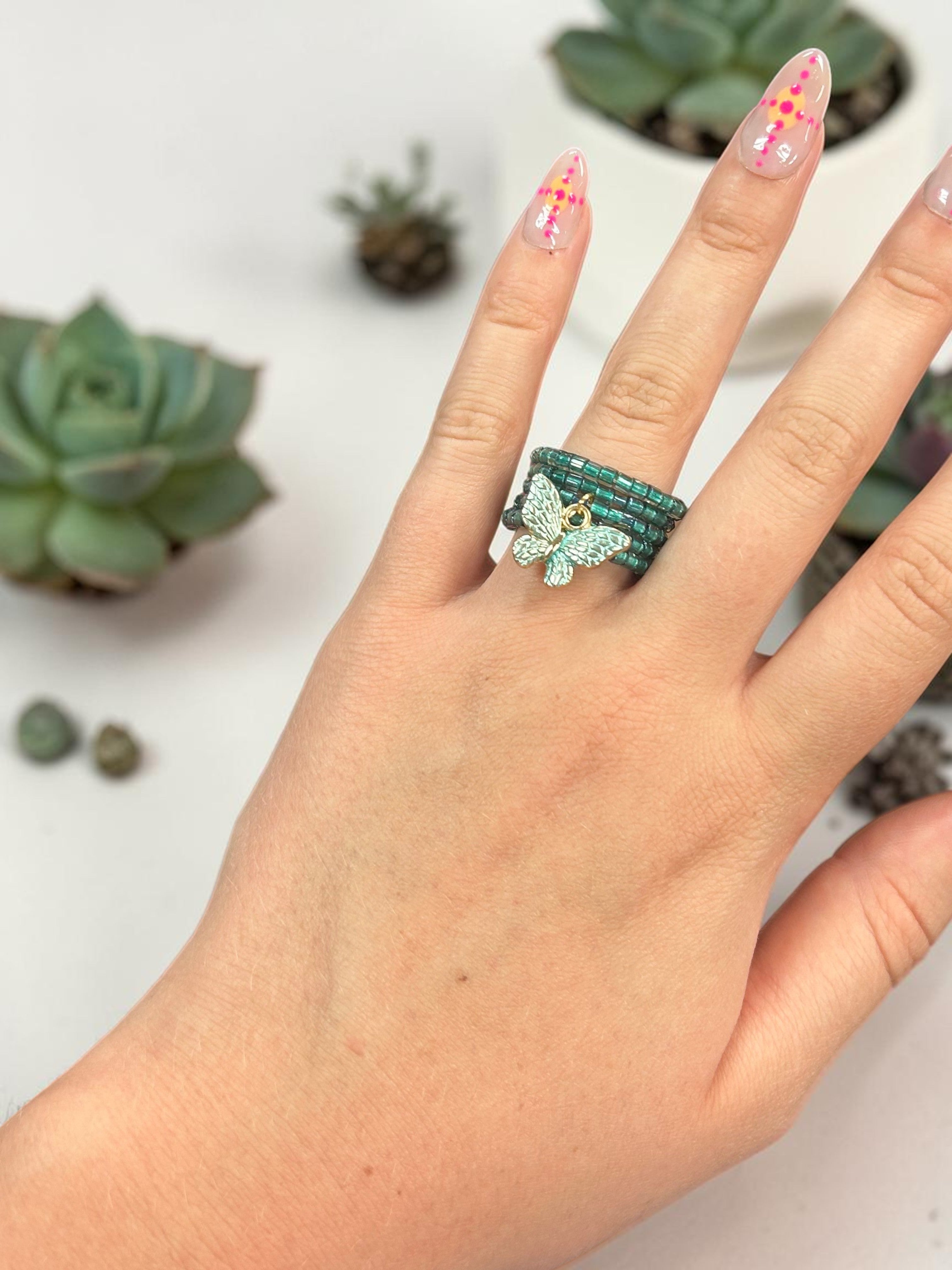 Sea Green Beaded Spiral Ring with Aqua Butterfly Charm | Unique Handmade Jewelry