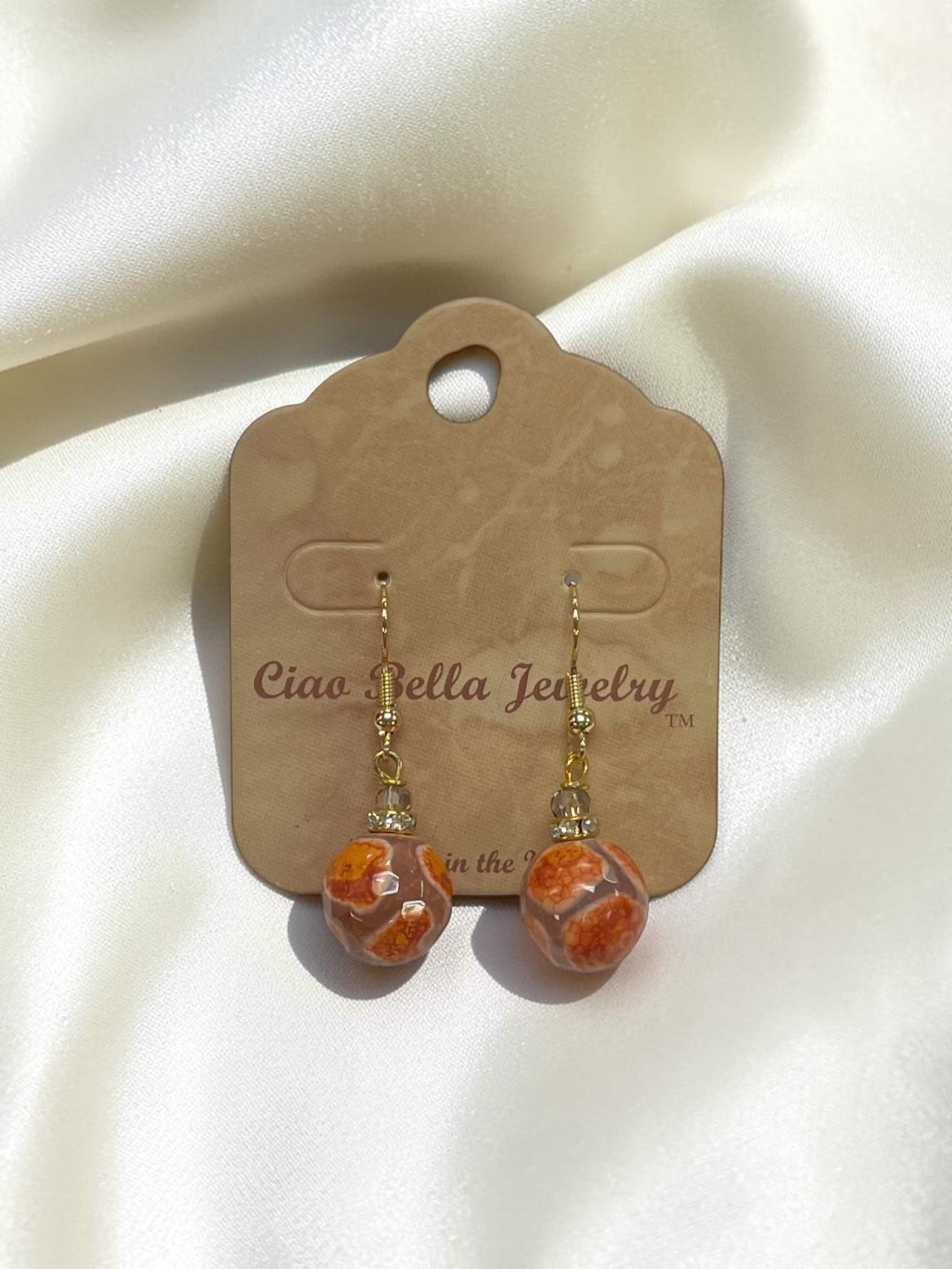 Elegant Orange Agate Sphere Dangle Earrings in Vibrant Gold Tones