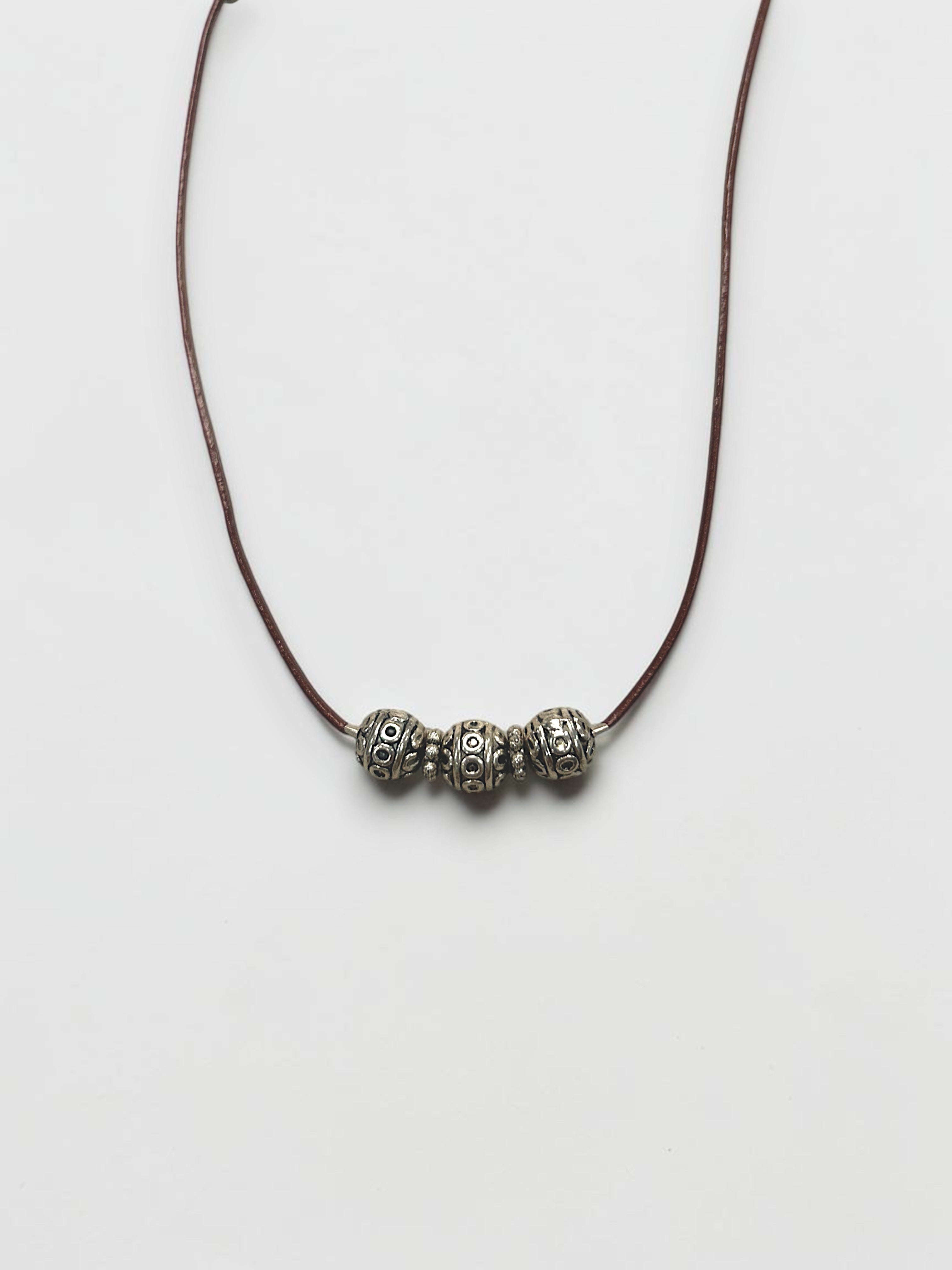 7mm Sterling Silver Bali Style Beaded Leather Necklace (Tan, Brown or Black) | Handmade Stylish Jewelry | Bohemian Elegance