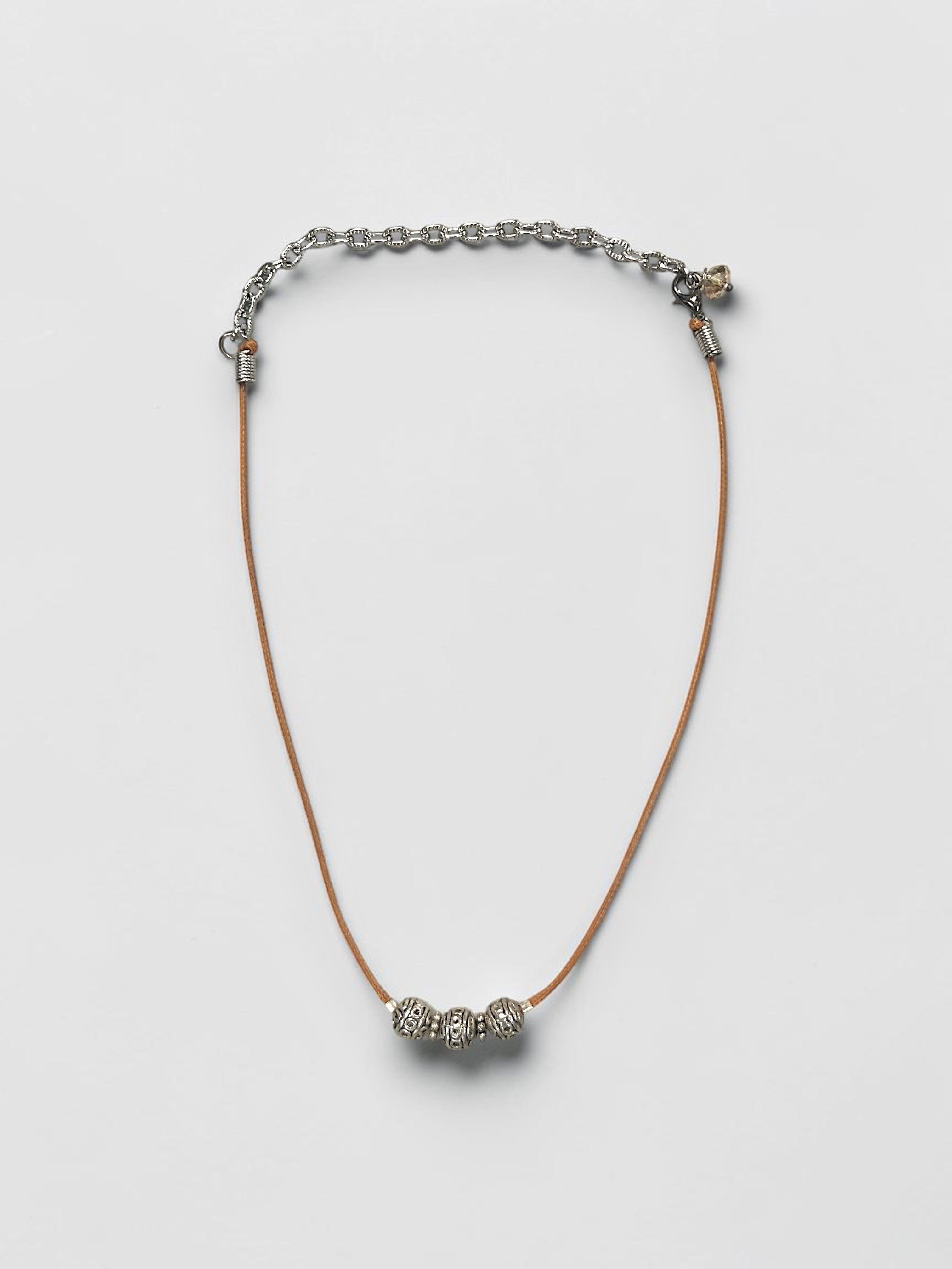 7mm Sterling Silver Bali Style Beaded Leather Necklace (Tan, Brown or Black) | Handmade Stylish Jewelry | Bohemian Elegance