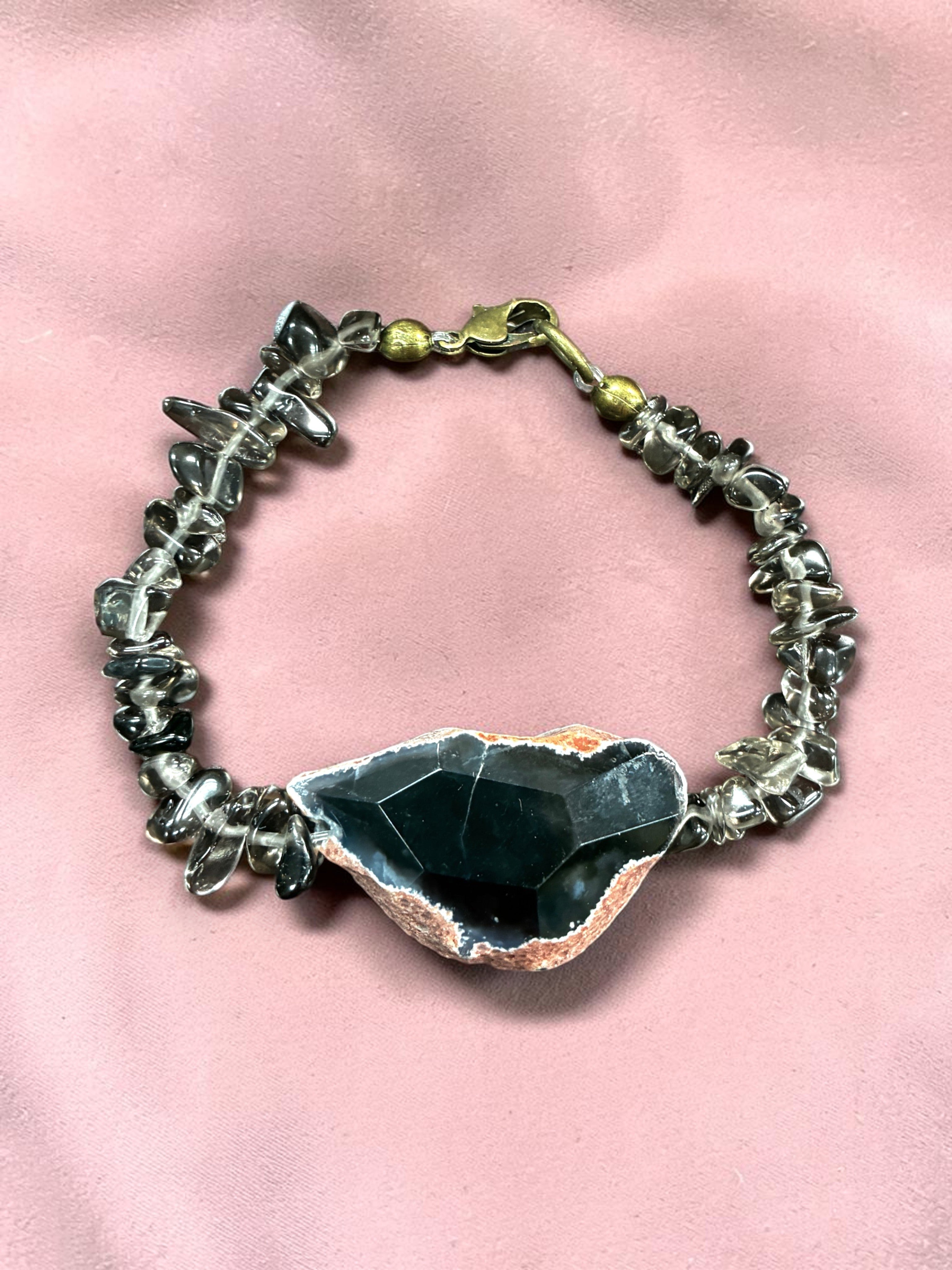 Stunning Smoky Quartz and Raw Black Agate Crystal Bracelet in Elastic or Lobster Clasp Variants