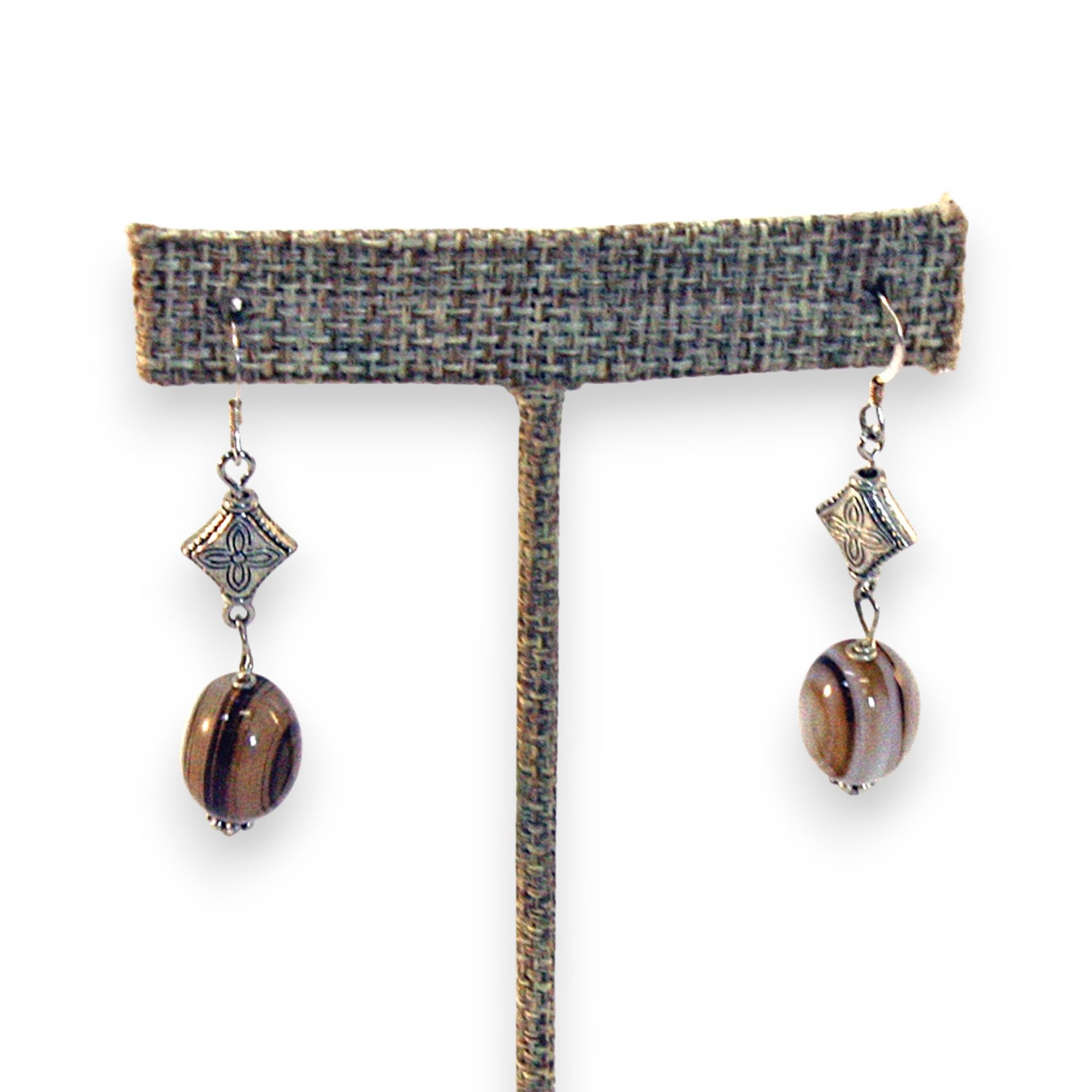 Brown Agate Gemstone Sterling Silver Dangle Earrings