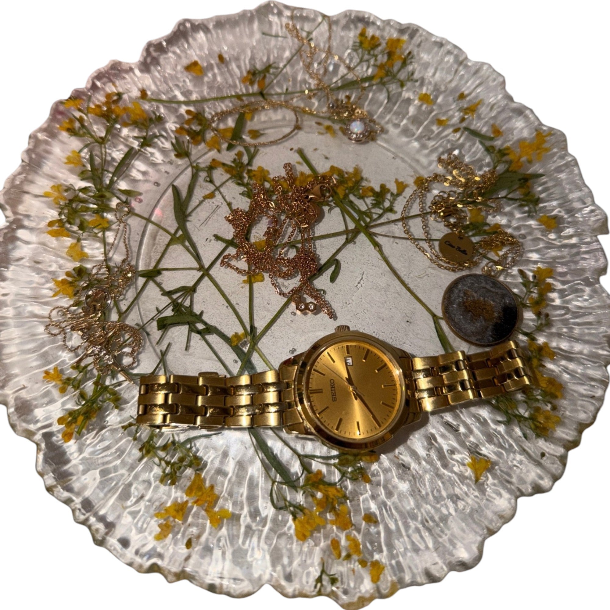 Beautiful Pressed Flower Resin Dish in Elegant Yellow and Purple Colors