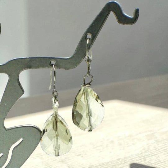 Elegant Crystal Teardrop Earrings in Shimmering Gray and Light Orange Colors