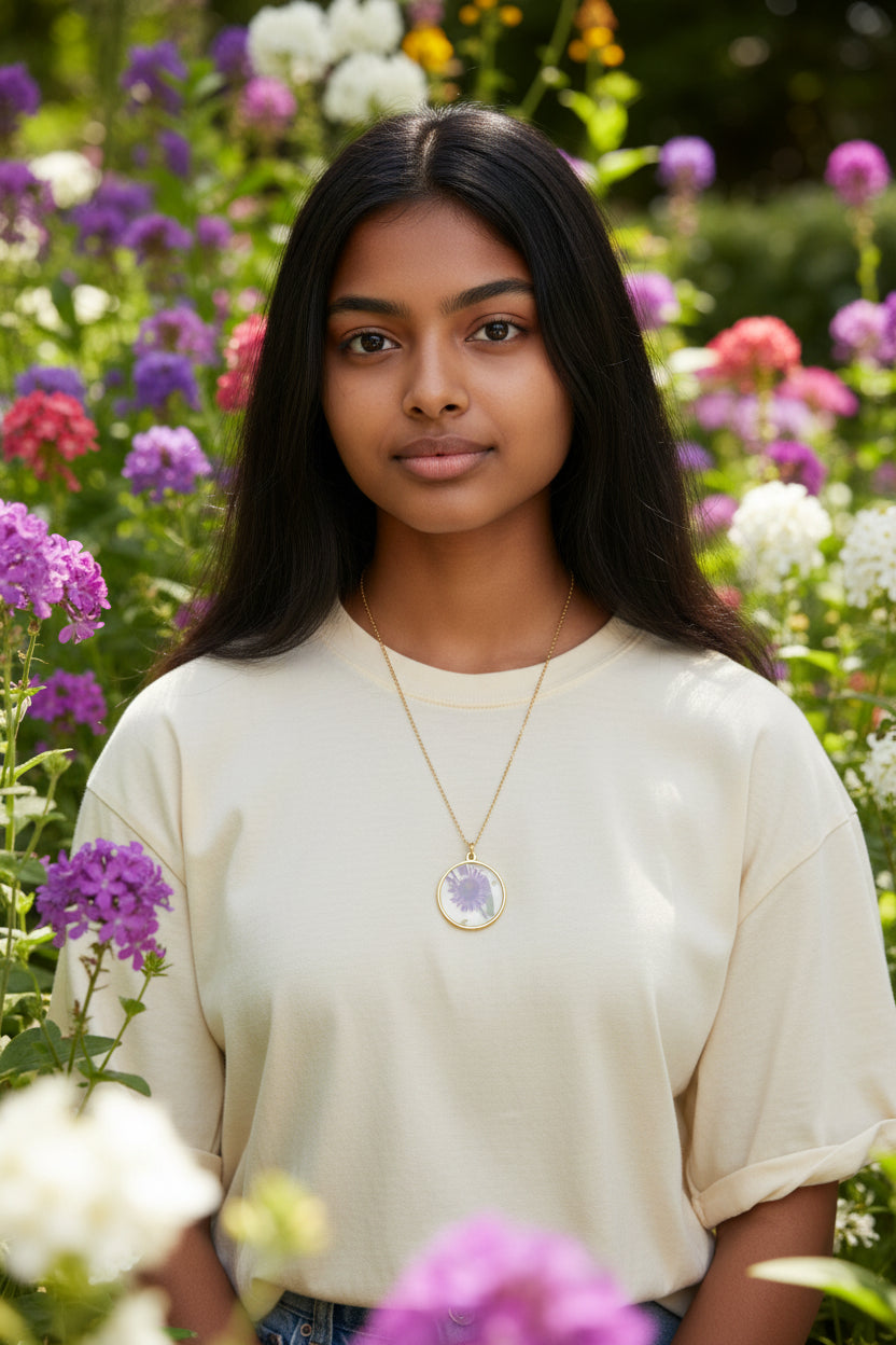 Gold Flower Pendant Necklace | Hand-Pressed Real Flower Resin Necklaces