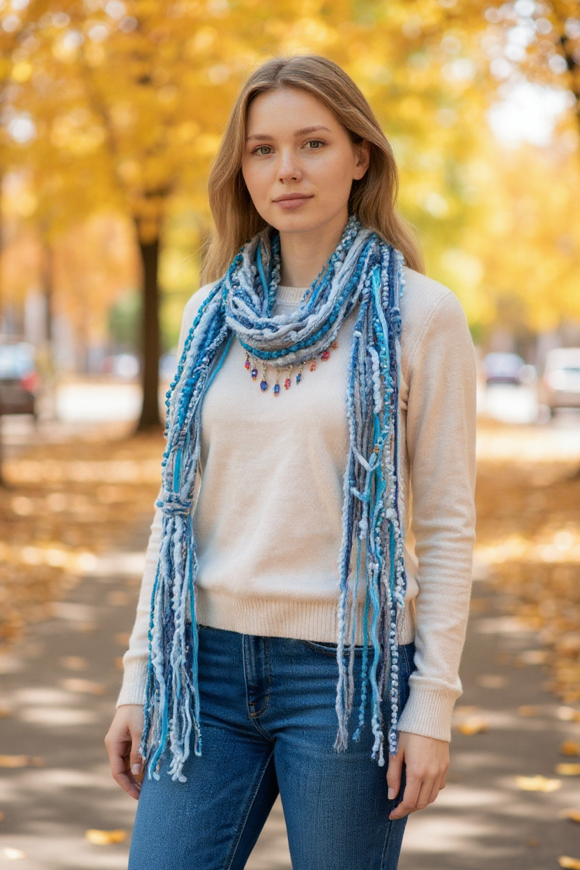 Boho Beaded Lightweight Mohair Scarf Necklace - Navy and Blue